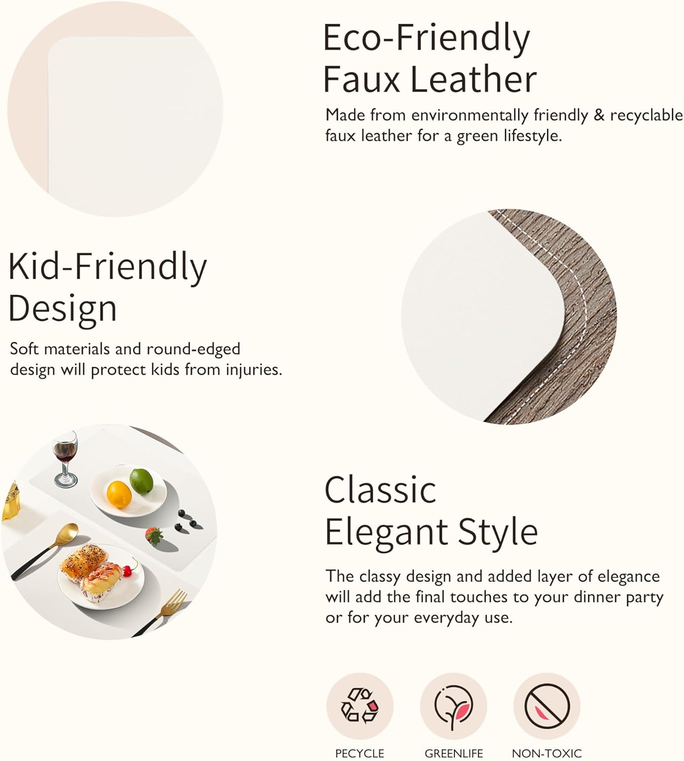 Maxpearl Faux Leather Placemats Set of 6 - Waterproof - Wipe Clean - Heat Resistant - Anti Slip Dining Table Place Mats, Suitable for Indoor & Outdoor Use, 17’’x12’’, Ivory White