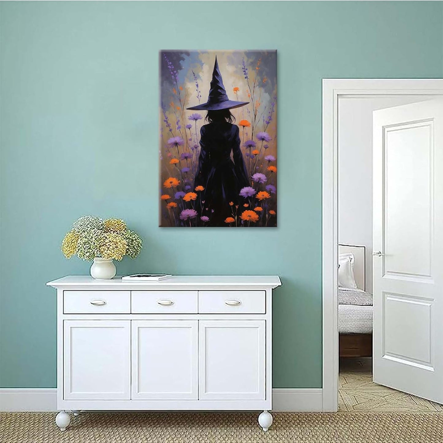 Country wildflower witch canvas print halloween mashup art witch purple decoration bohemian elegant art poster20x30in Wood Framed