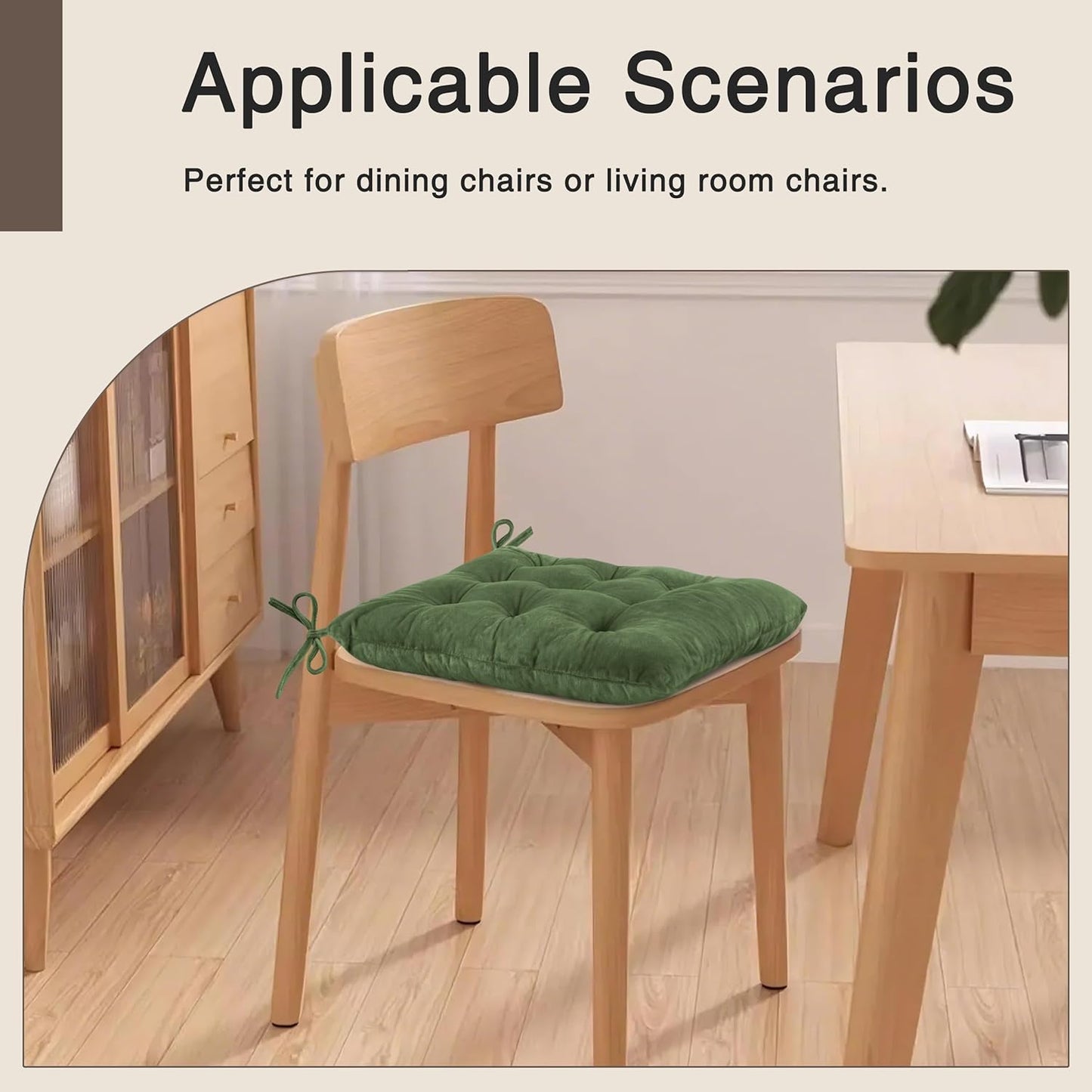 OVOV Chair Cushions for Dining Chairs Set of 6 Tufted Indoor Chair Pads with Ties Soft Square Seat Cushions for Kitchen Chairs 15.5"x15.5",Green