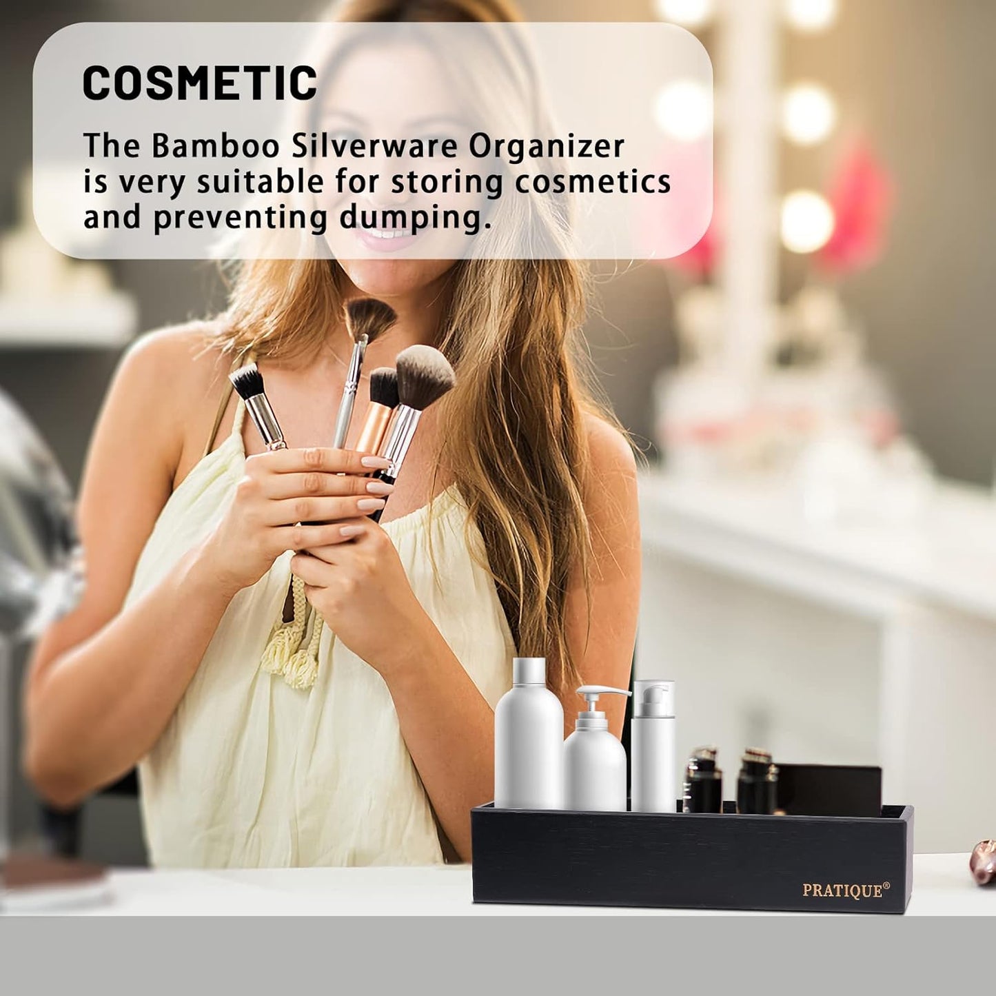 Bamboo Drawer Organizer - Kitchen Utensil Organizer Silverware Tray Cutlery Holder,Office Desk Supplies and Accessories,15 * 5.9 * 2.6,Black