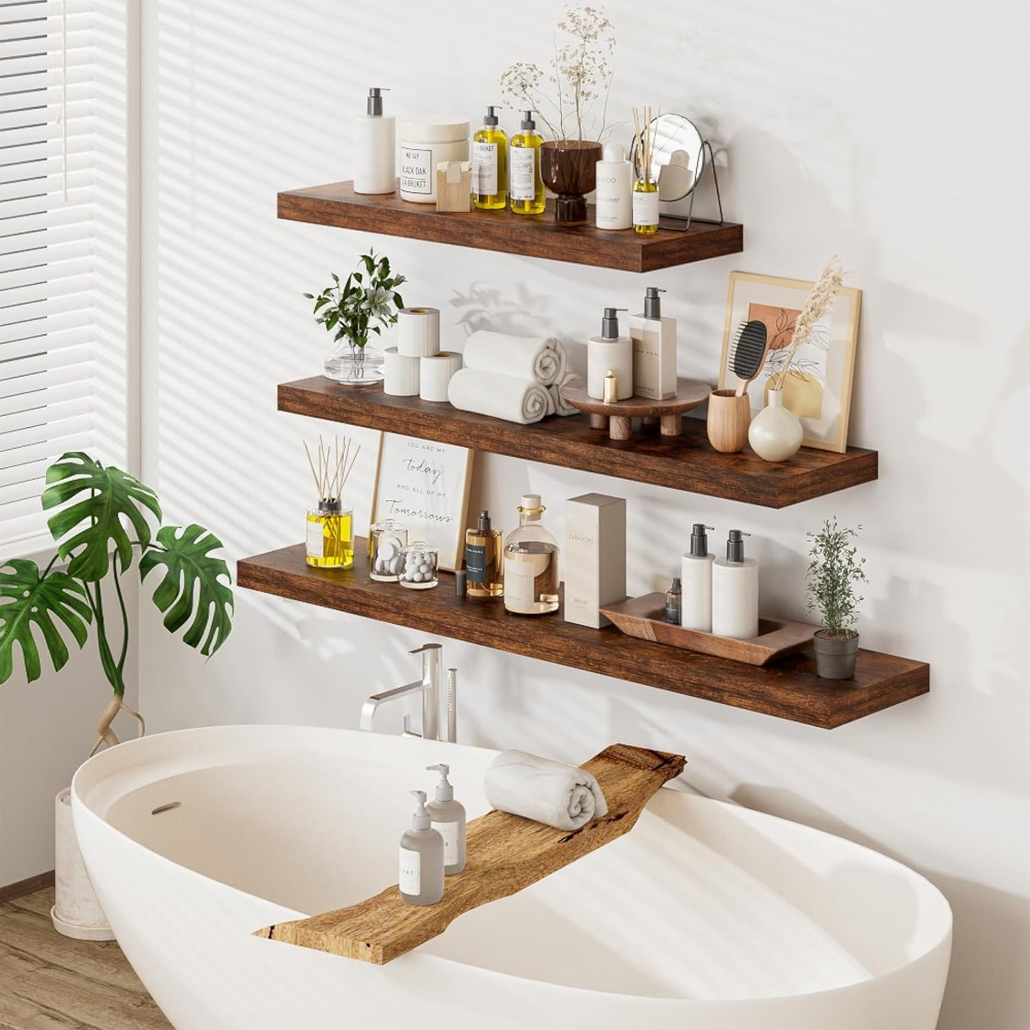 Heimlove 48W x 12D Long Floating Shelf, 12 Inch Deep Floating Shelves for Wall Set of 2, Wood Shelves for Bedroom Living Room Bathroom Kitchen Home Office, Rustic Brown