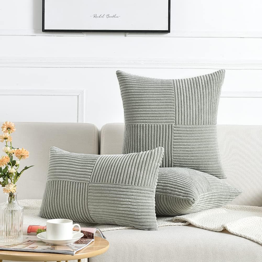 Fancy Homi 2 Packs Grey Big Decorative Throw Pillow Covers 24x24 Inch for Couch Bed, Rustic Farmhouse Boho Home Decor, Soft Corss Corduroy Patchwork Accent Square Gray Cushion Case 60x60 cm