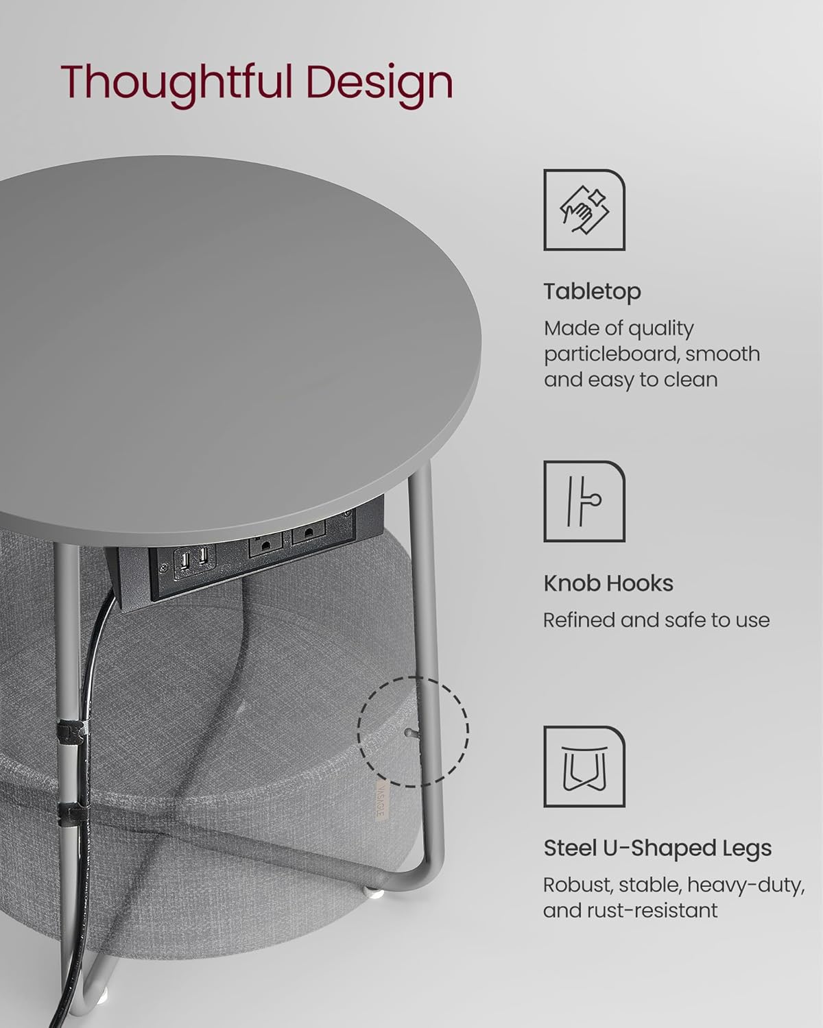 VASAGLE Side Table with Charging Station, Round End Table with Fabric Basket, Nightstand with Power Outlets, USB Ports, for Living Room, Bedroom, Modern, Dove Gray and Slate Gray ULET228G01