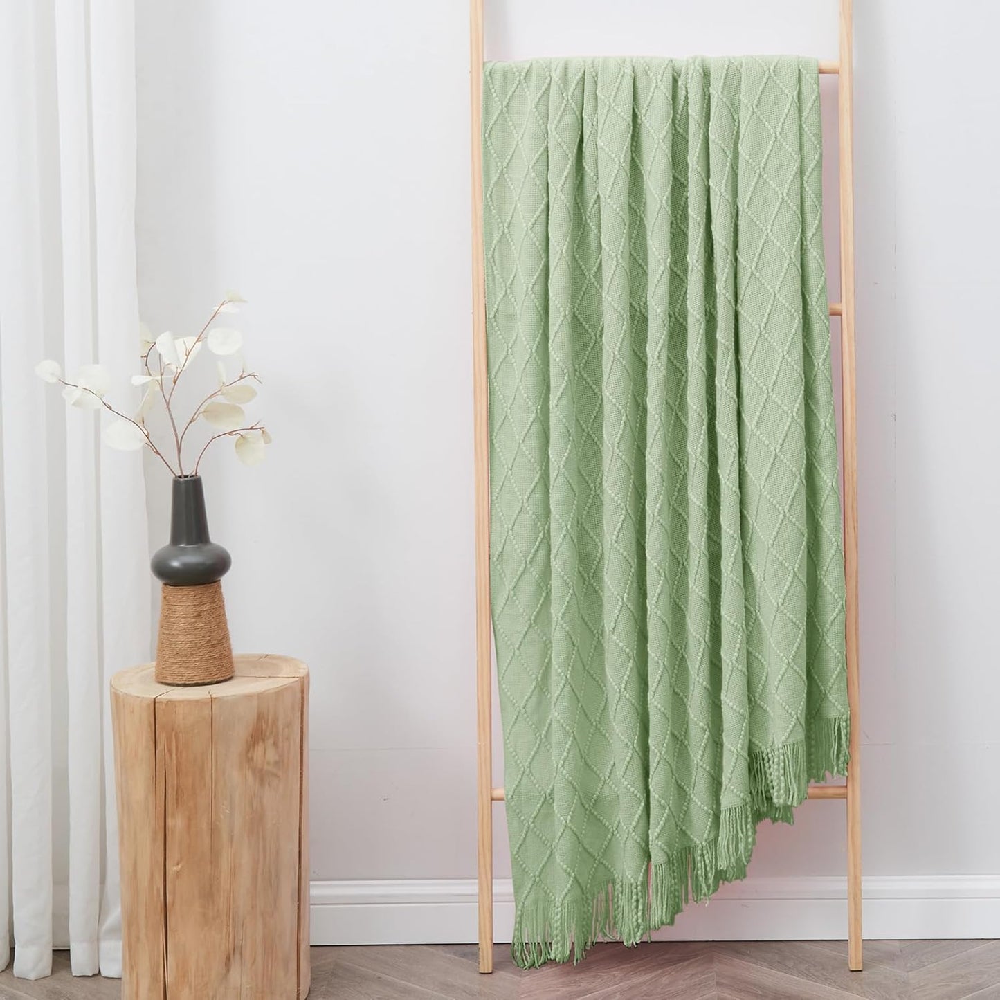 inhand Sage Green Throw Blanket for Couch, Soft Living Room Home Decor Knitted Blanket with Tassel, Outdoor Lightweight Breathable Summer Blanket, Farmhouse Warm Woven Decorative, 50"x60"