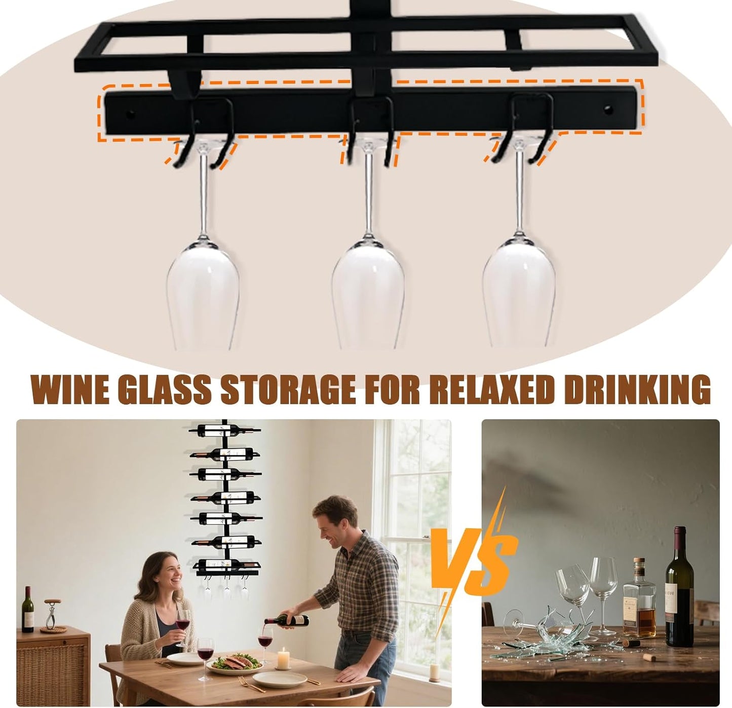 16 Bottle Wall Mount Wine Rack with Wine Glass Holder, Metal Wine Wall Rack, Wall Racks for Wine Bottles Display and Storage, Hanging Bottle Organizer for Living Dining Room Wine Cellar Bar (Black)