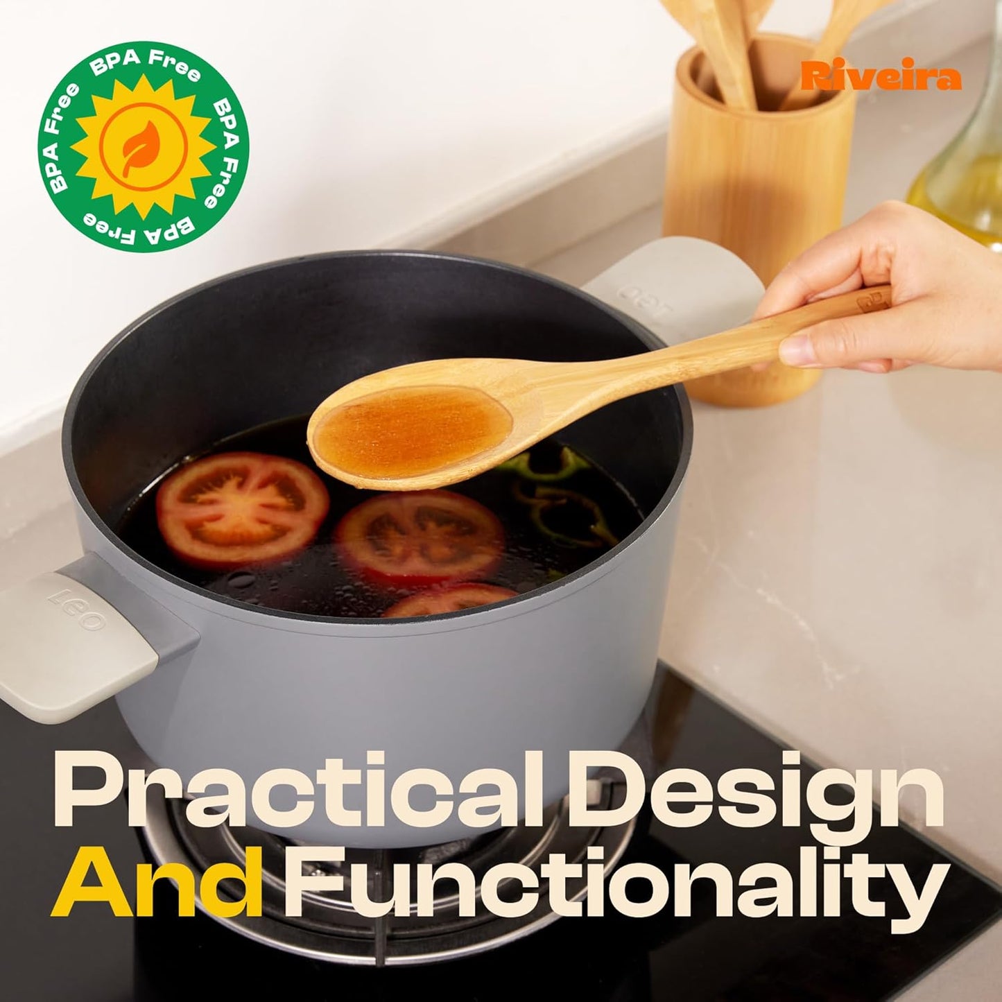 Riveira Natural Bamboo Wooden Cooking Utensils Set of 9 Premium Quality Non-Toxic Wooden Spoons and Spatulas for Cooking