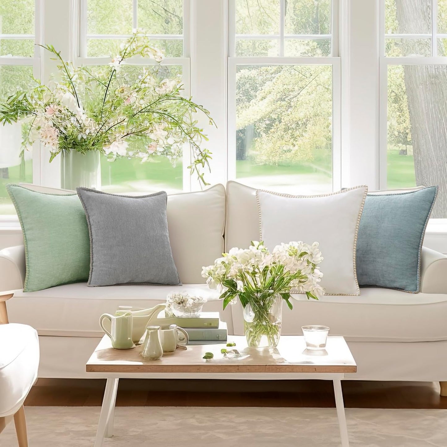 decorUhome Chenille Soft Throw Pillow Covers 20x20 Set of 2, Farmhouse Velvet Neutral Decorative Euro Pillow Covers with Stitched Edge for Couch Sofa Bed Home Decor, Neutral Gray