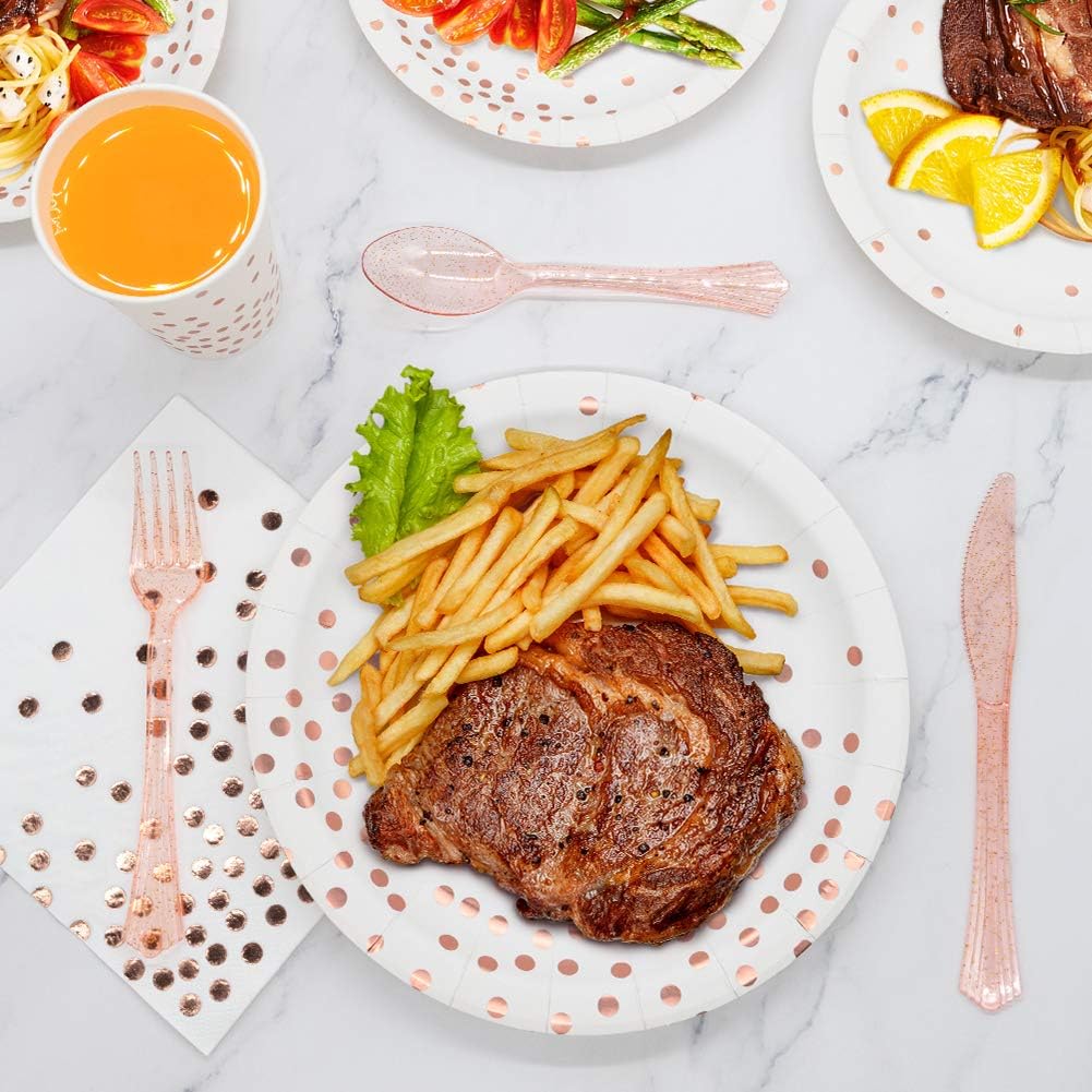 White & Rose Gold Party Supplies - 350 PCS Disposable Dinnerware Set with Paper Plates Napkins Cups, Plastic Forks Knives Spoon for Women Girls Birthday Graduation Bridal Shower Engagement Wedding