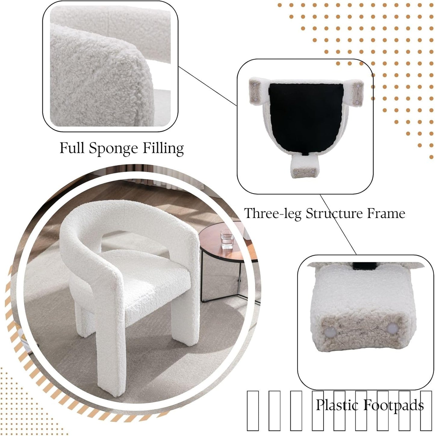 White Boucle Dining Chairs Set of 6, Modern Barrel Dining Room Chairs Upholstered Faux Fur Accent Chair with Arms and Round Back for Living Room Kitchen Armchair No Assembly Needed