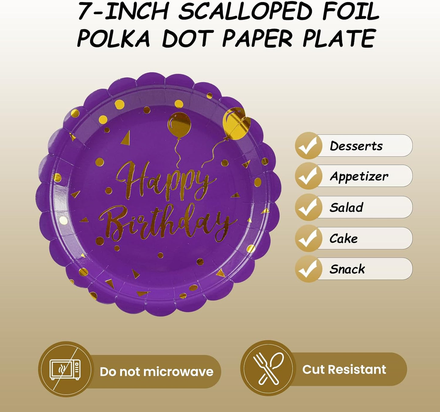50PCS Purple Birthday Party Plates Decorations, 7 Inch Scalloped Purple and Gold Paper Plates Disposable Happy Birthday Dessert Cake Plate Party Supplies for Birthday's Decorations