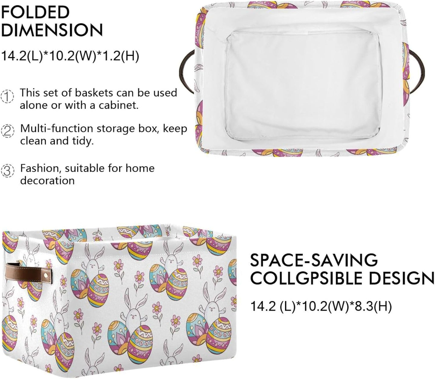 susiyo Easter Storage Basket with Handles, Cute Easter Rabbit Egg Large Foldable Fabric Collapsible Storage Bins Organizer Bag for Storage