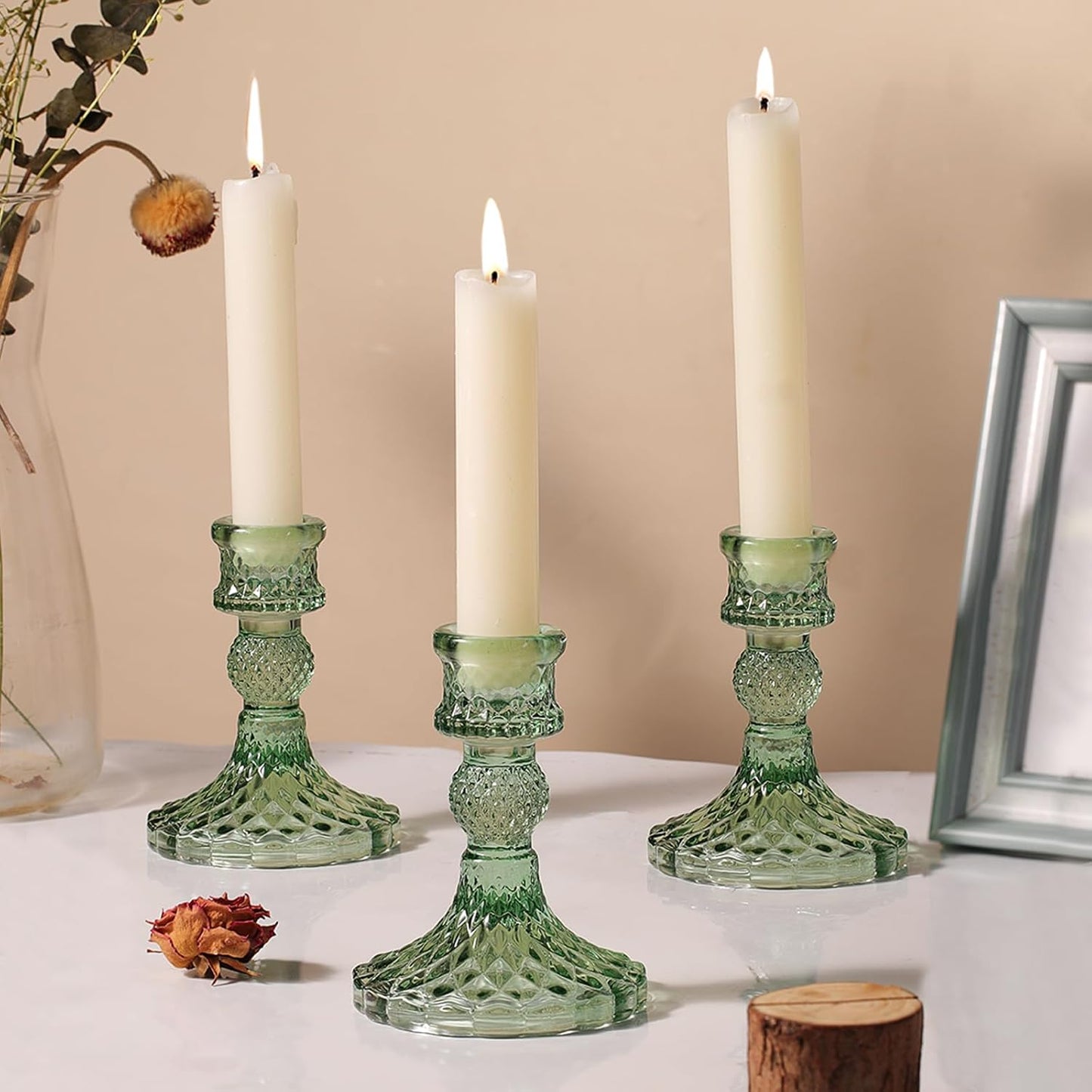 12Pcs Green Candlestick Holders Set- 4" H Taper Candle Holders Bulk, Glass Candle Holders for Wedding, Party, Romantic Dinner Table Centerpieces, Festival Gifts & Windowsill Decor