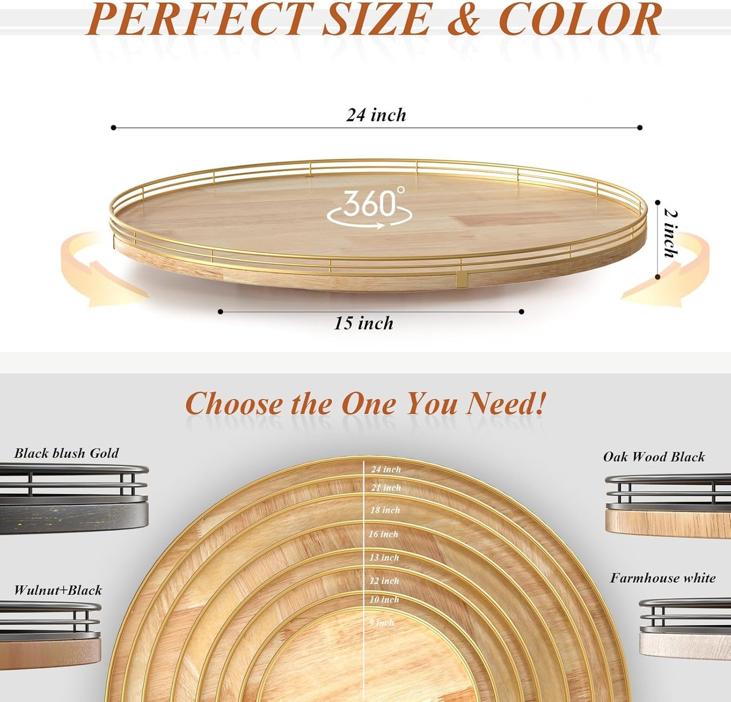 24 Inch Extra Large Lazy Susan Turntable - Premium Solid Oak Wood & Iron | Rustic Farmhouse Rotating Tray for Dining Table, Kitchen Countertop, Centerpiece Decor | Smooth 360° Spin | Durable & Stylish