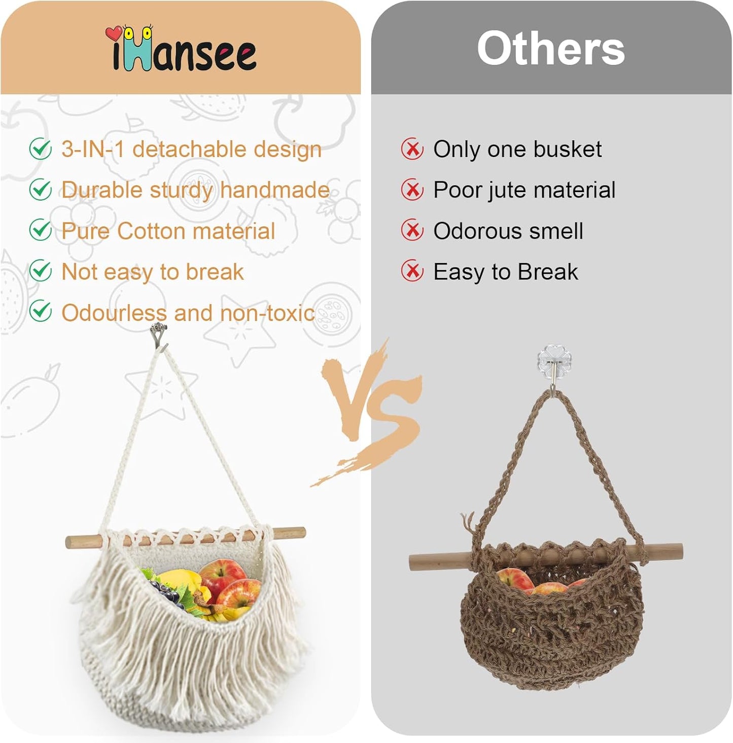 Hanging Baskets for Organizing, 3 Tier Detachable Wall Hanging Fruit Basket Over the Door Organizer for Fruit Vegetable Plant, Beige Boho Cotton Crocheted Fruit Holder for Kitchen Bathroom Bedroom