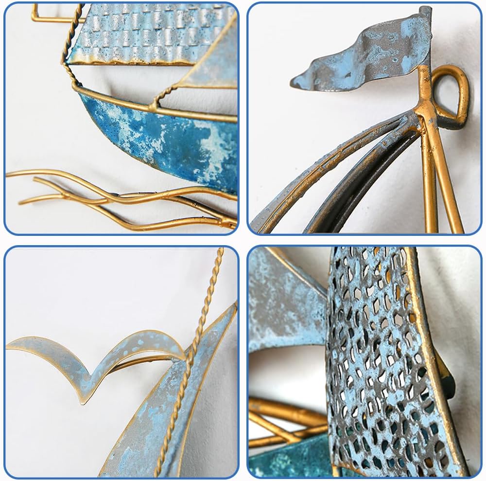 AIYIOUWE Metal Sailboat Wall Art, 3D Nautical Ship Large Metal Wall Art Decor, Coastal Boat Wall Hanging Sculptures Beach Artwork for Living Room Outdoor Bedroom