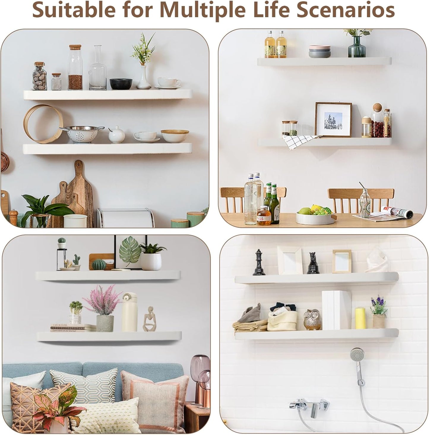 Solid Wood Floating Shelves Set of 2 - Natural, Warp & Crack Resistant 23.62 Inch Wall Shelf with Invisible Brackets Thicker, More Durable for Bathroom, Bedroom, Kitchen, Living Room (White, 23.62)