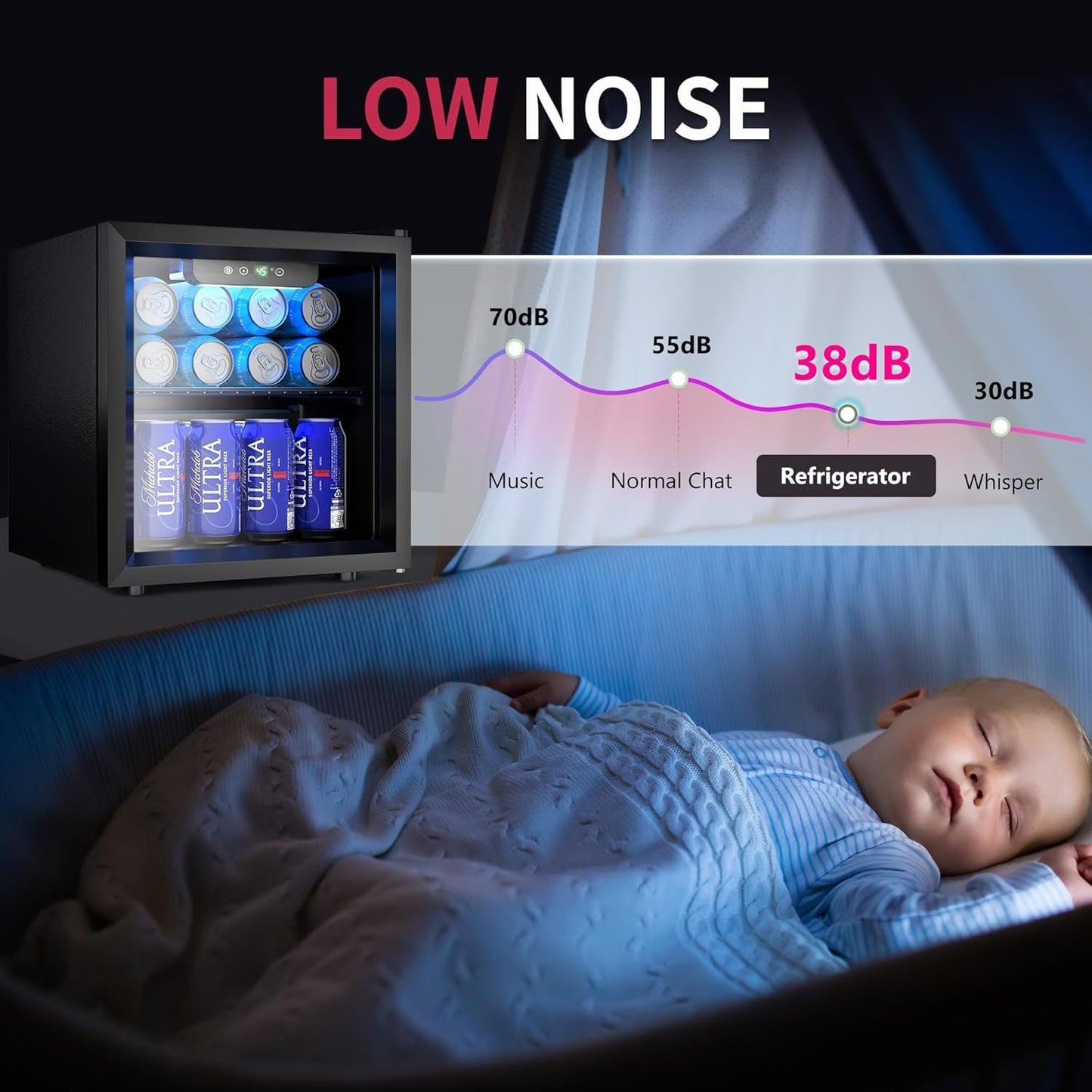 48 Can Beverage Refrigerator Cooler, Mini Fridge Glass Door with Adjustable Shelves, Freestanding Beverage Fridge with Blue LED for Home/Office/Dorm/Bar, 1.3 Cu.ft