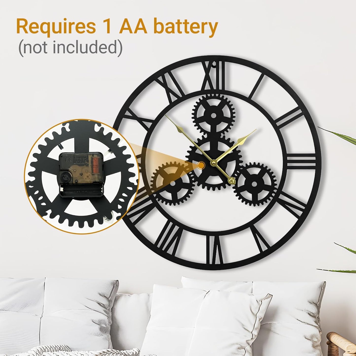 24inches/60cm Wall Clocks for Living Room Deco Non Ticking Silent Battery Operated Metal Modern Vintage Roman Numeral Oversized Gear Wall Clocks for Bedroom Kitchen Fireplace Office Farmhouse