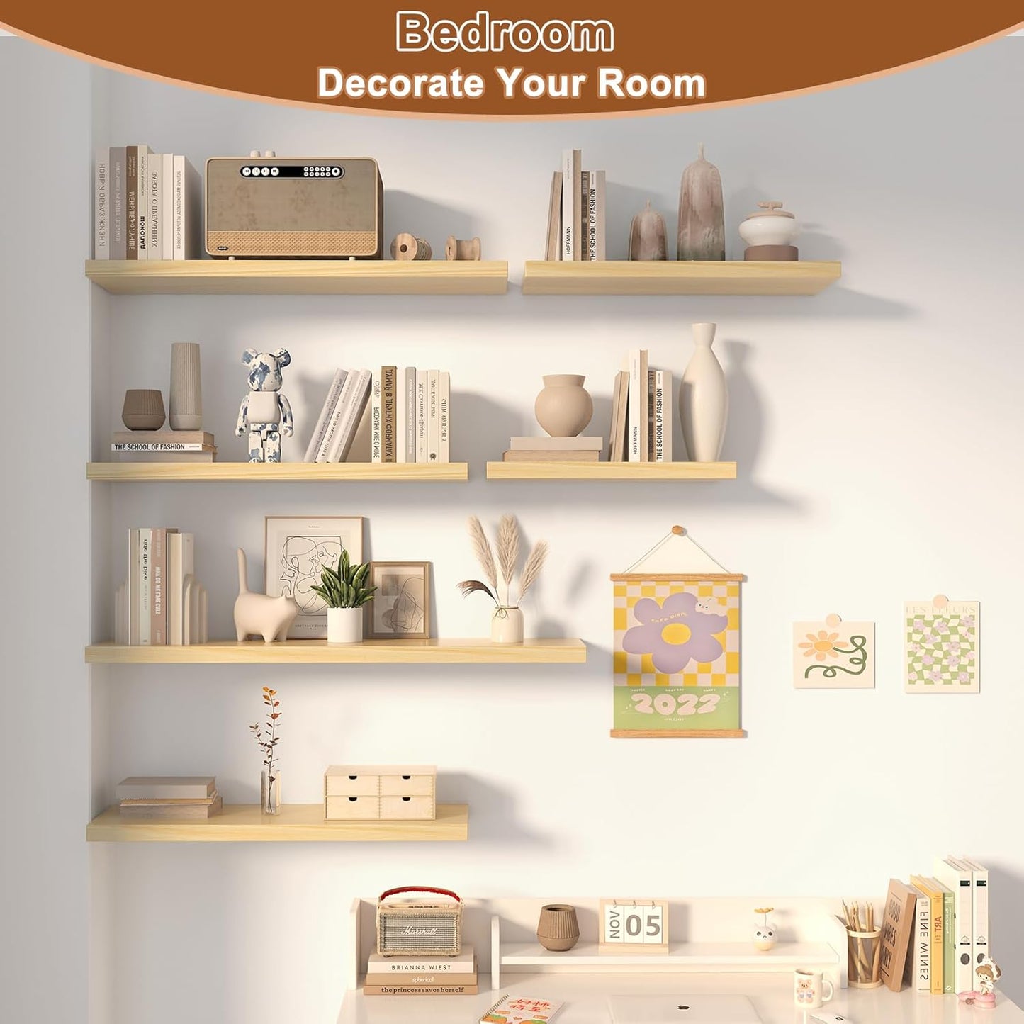 48 Inch Floating Shelf 2 Pack Large Floating Shelves for Wall No Drilling Accessories Included Deep Wall Shelves for Living Room Kitchen Farmhouse 48" W x 12" D x 1.2" Oak
