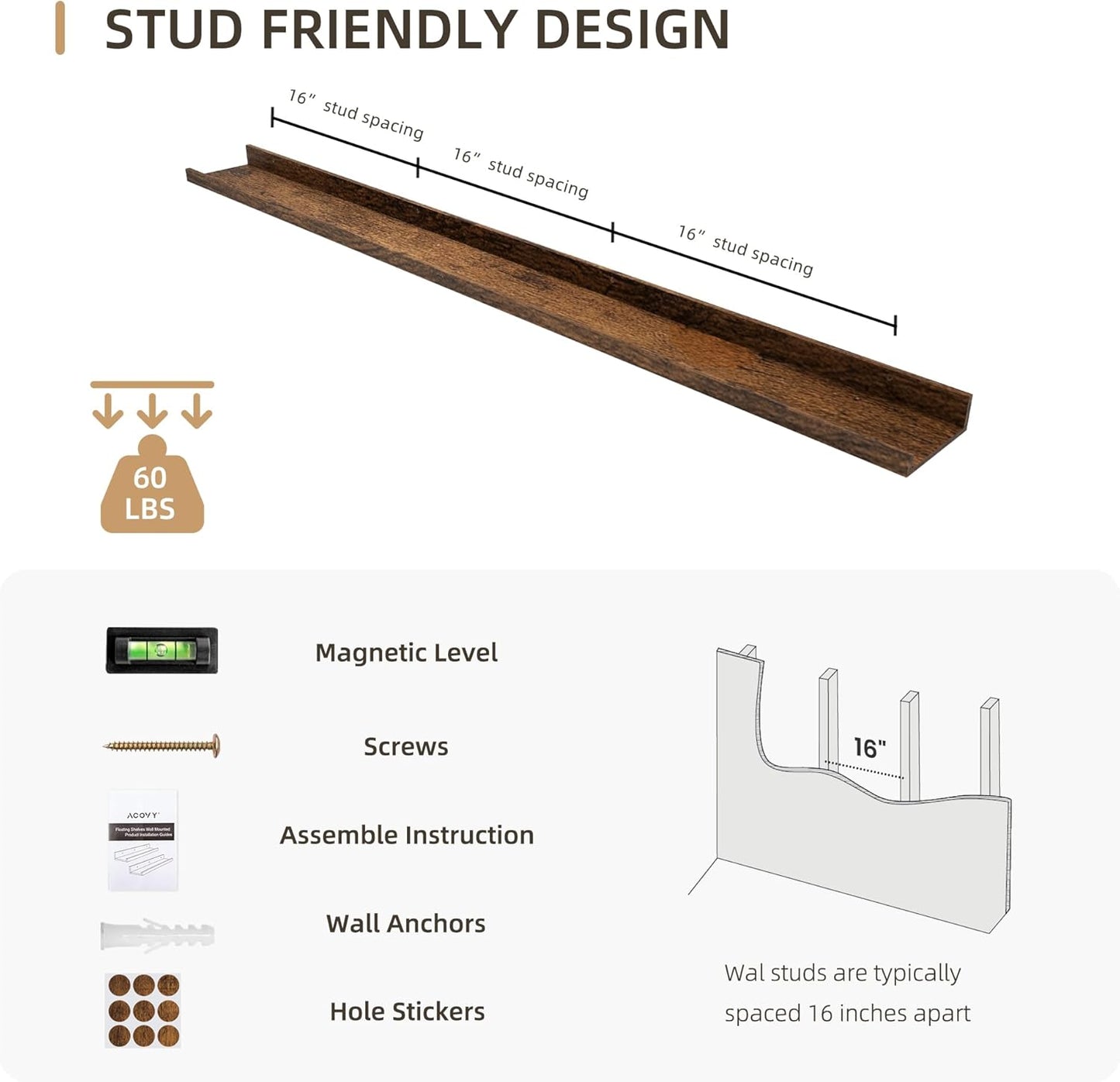 Picture Ledge Shelf, Wood Long Floating Shelves for Wall, Set of 2, 56 inch Picture Ledge Shelves, Photo Ledge Nursery Book Shelves Wall Mounted for Living Room Kids' Room Bedroom, Color Brown