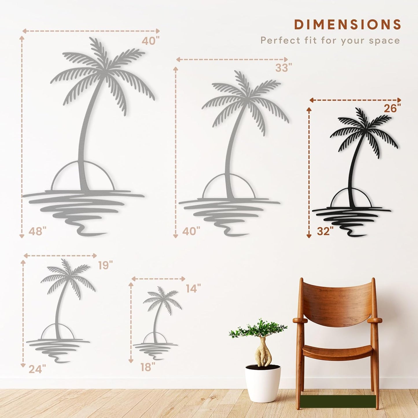 Metal Palm Tree with Sunset Wall Art, Large Outdoor Wall Decor, Tropical Beach Coastal Decor for Living Room, Bedroom, Garden Home Wall Sign, Perfect Metal Wall Art for Beach House, Coastal Theme, and Home Decoration (White, 32 x 26 inches)
