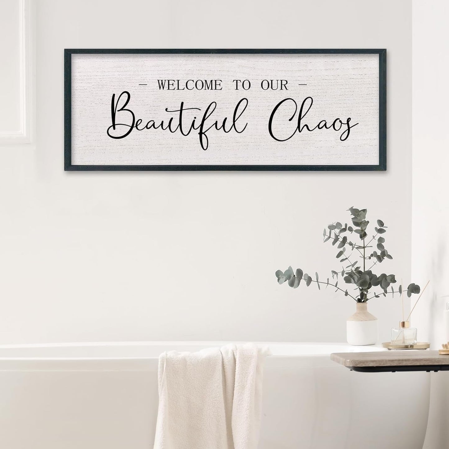 comurdyo Welcome To Our Beautiful Chaos Wall Decor Art 40"X15" for Home Entryway Sign Large Wood Framed Wall Hanging (Black)