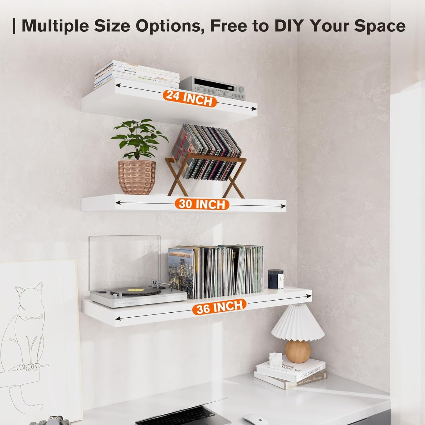 Large Floating Shelves for Wall Set of 3 Wooden Wall Shelves 30 in x 12.75 in x 2 in Room Decor Long Shelf with Invisible Wall Mount Bracket for Bedroom Kitchen Living Room White