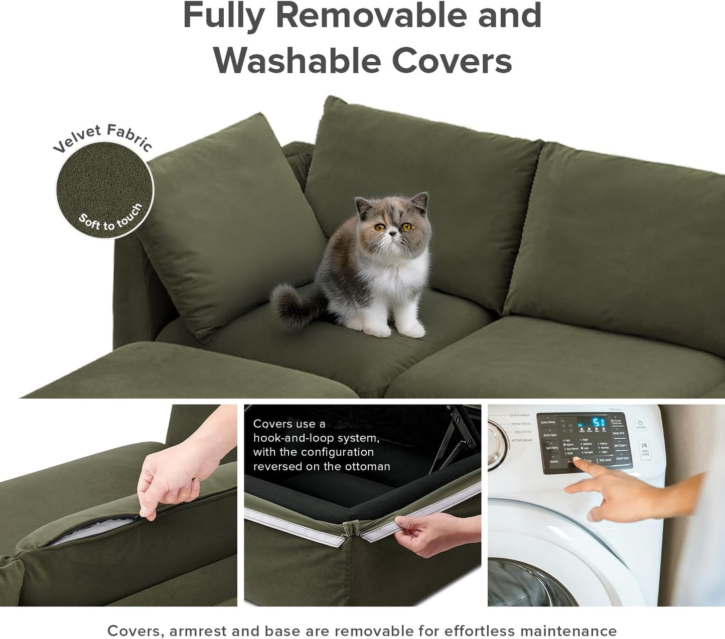 mopio Oversized Modular Sectional Sofa with Fully Removable Covers and Storage, Convertible U, L-Shaped and Sleeper Sectional, Modern Couches with Ottoman Chaise (Olive Green Velvet, 4 Seats, L)