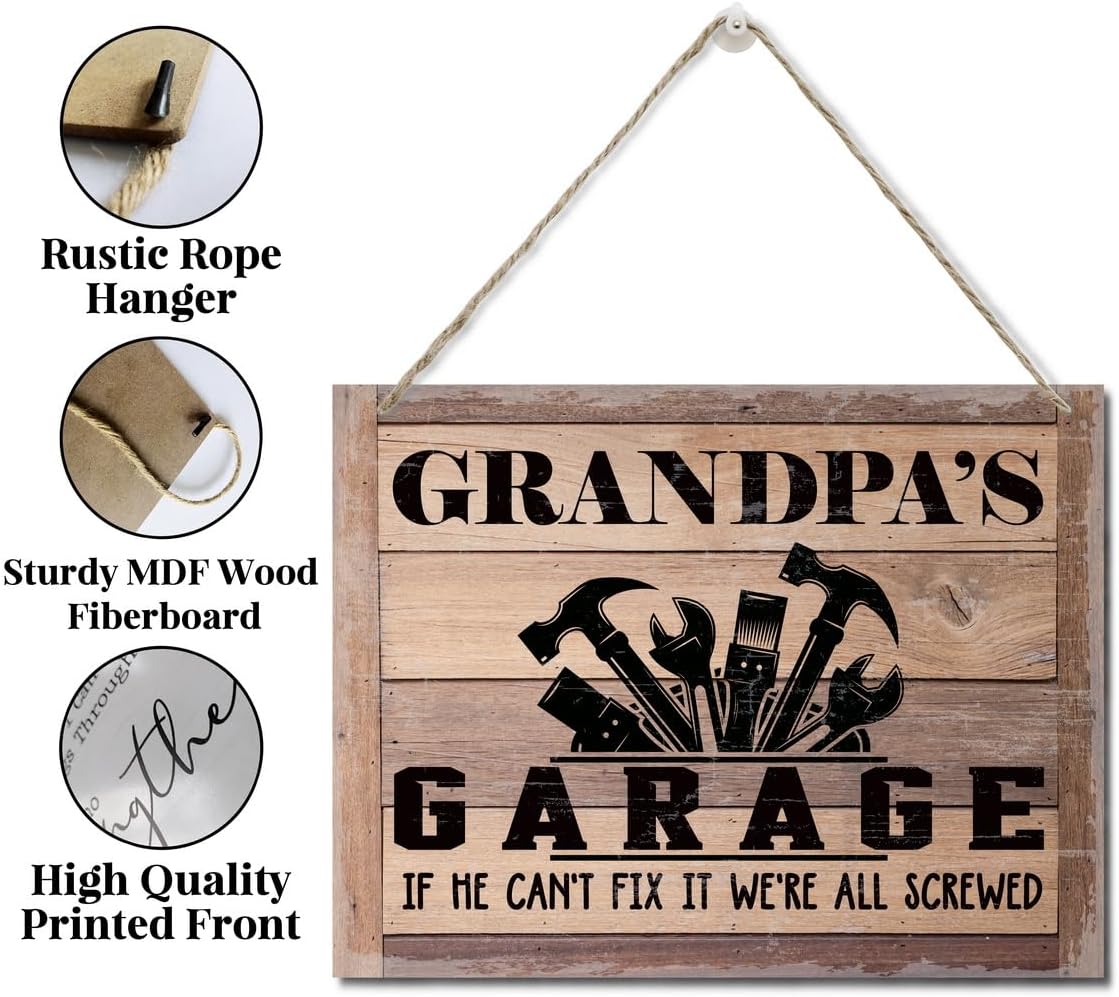 BQL Rustic Wood Sign, Father's Day Gift, Grandpa's Gift, Decor Hanging Wood Sign, 8X10inch, Printed Wood Wall Art Sign, Grandpa's Garage, If He Can't Fix It We're All Screwed