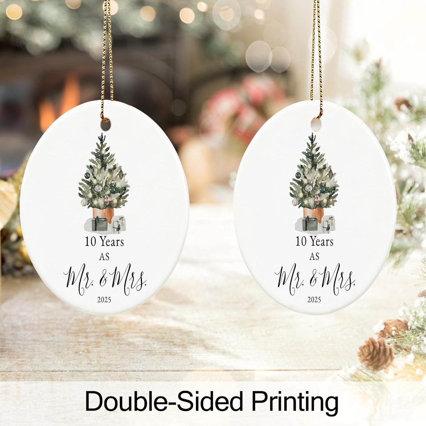 10th Anniversary Ornament Gifts for Couple, 10th Wedding Anniversary for 10 Year as Mr and Mrs Gifts, Ceramic Keepsake 10 Year Anniversary Christmas Ornaments with Ribbon and Box