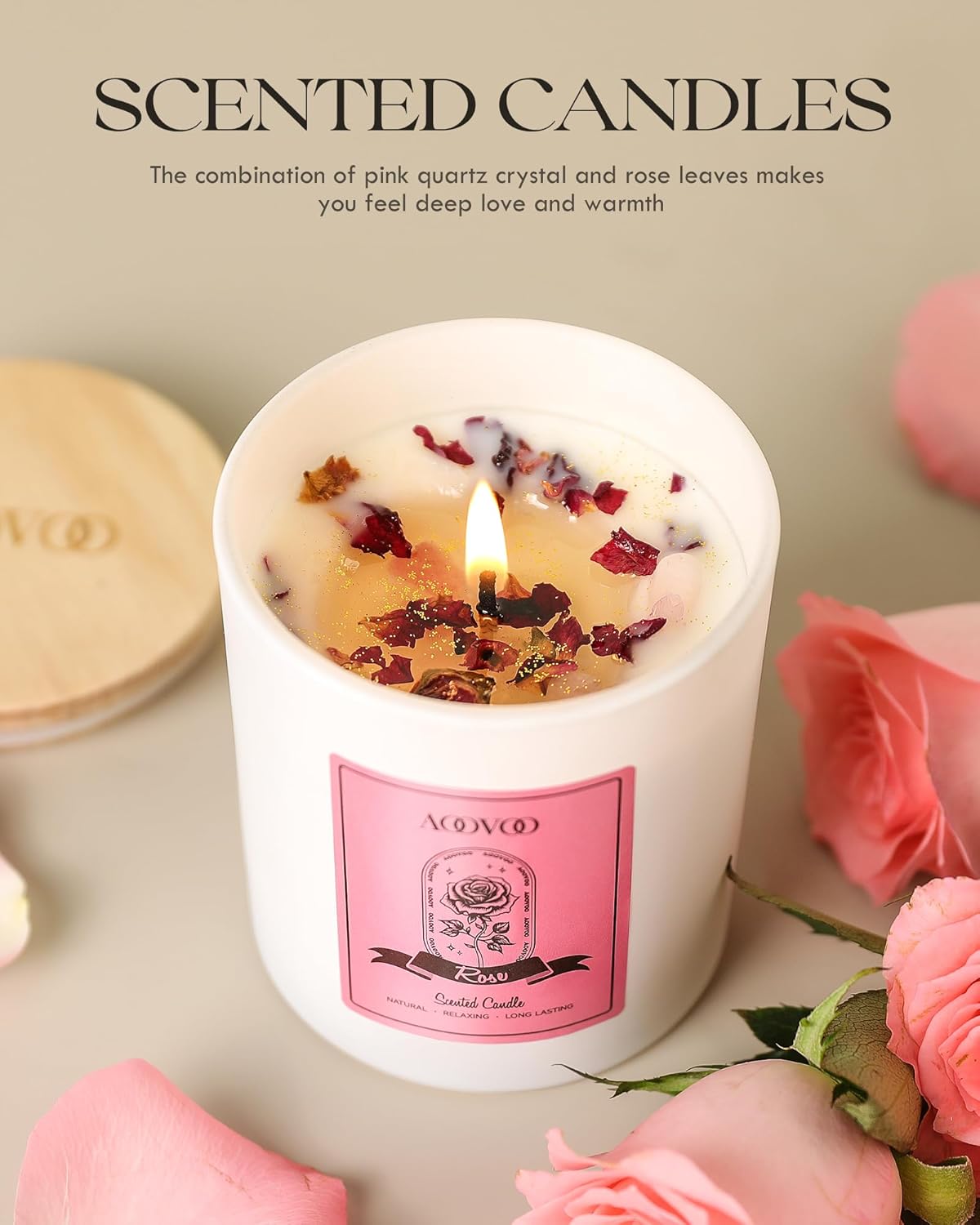 AOOVOO Rose Scented Candles for Women - Aromatherapy Candle with Crystals Inside, 10oz Soy Candles for Home Scented, Birthday Gifts Mothers Day Candle for Mom Women