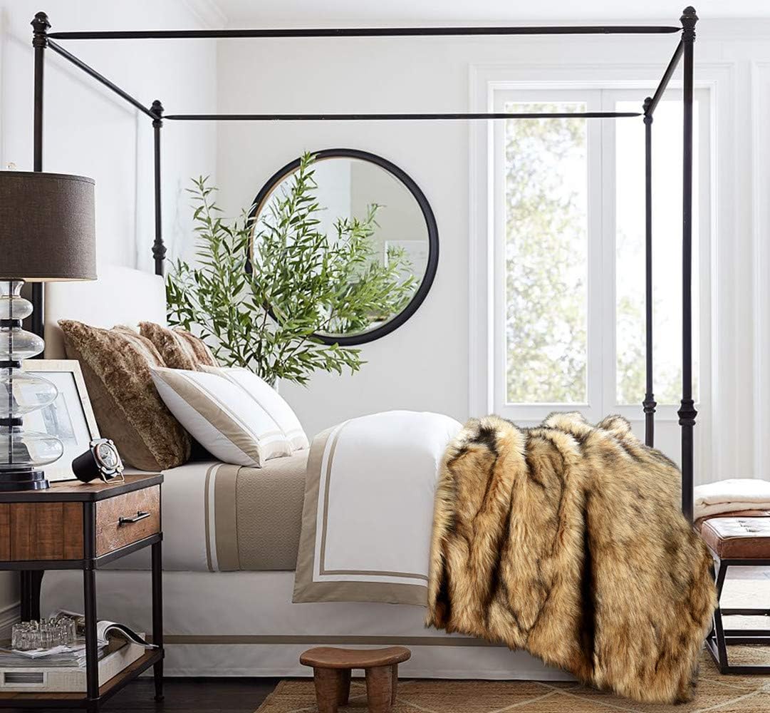 Luxury Plush Faux Fur Blanket Queen Size, Long Pile Golden Yellow with Black Tips Throw, Oversized Super Warm, Fuzzy, Elegant, Fluffy Decorative Blanket for Sofa, Armchair, Couch and Bed, 90"x90"