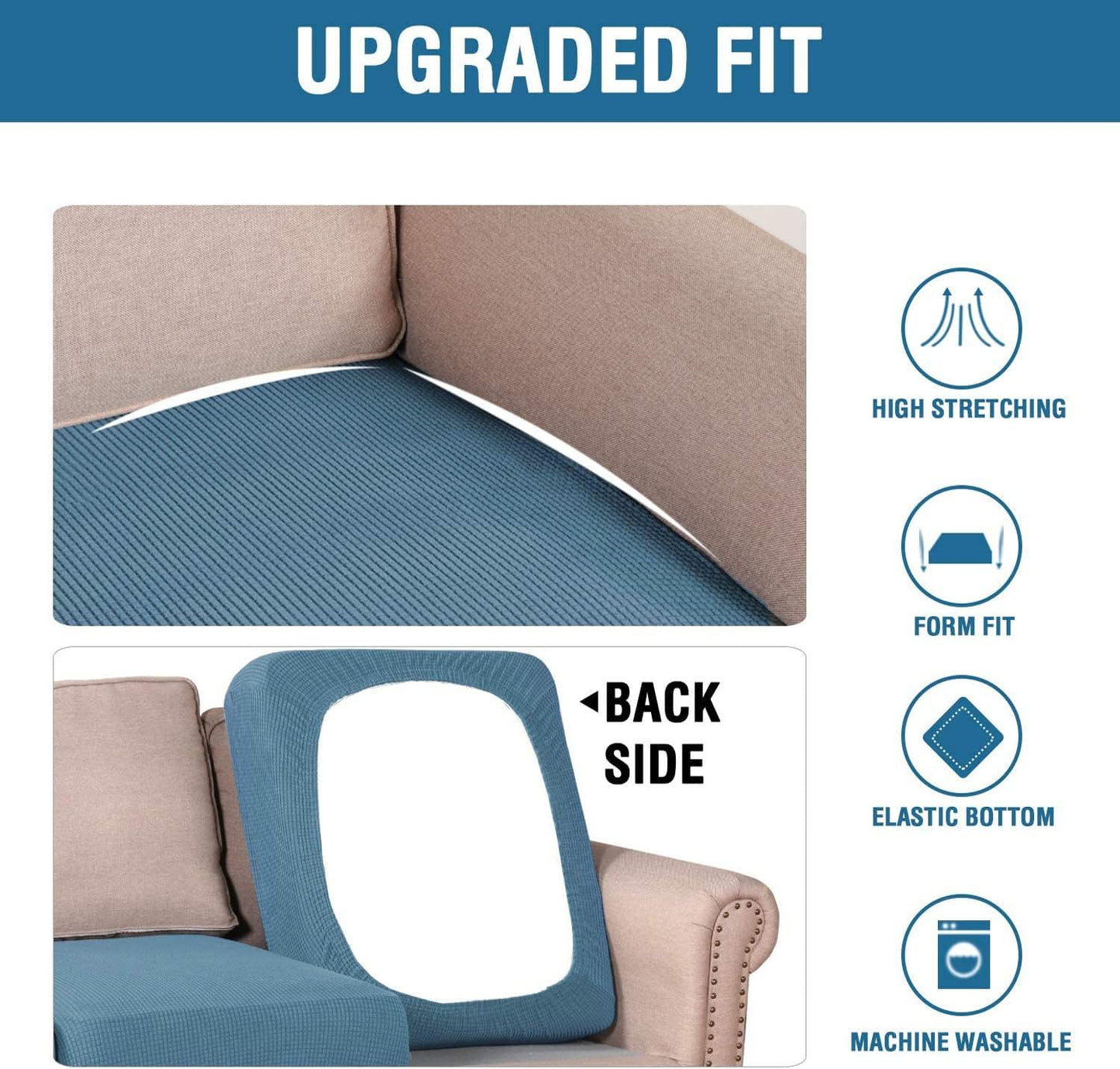 H.VERSAILTEX Super Stretch Individual Seat Cushion Covers Sofa Covers Couch Cushion Covers Slipcover Sets Thick Jacquard Textured Twill Fabric (2 Piece Medium Sofa Cushion Covers, Dusty Blue)