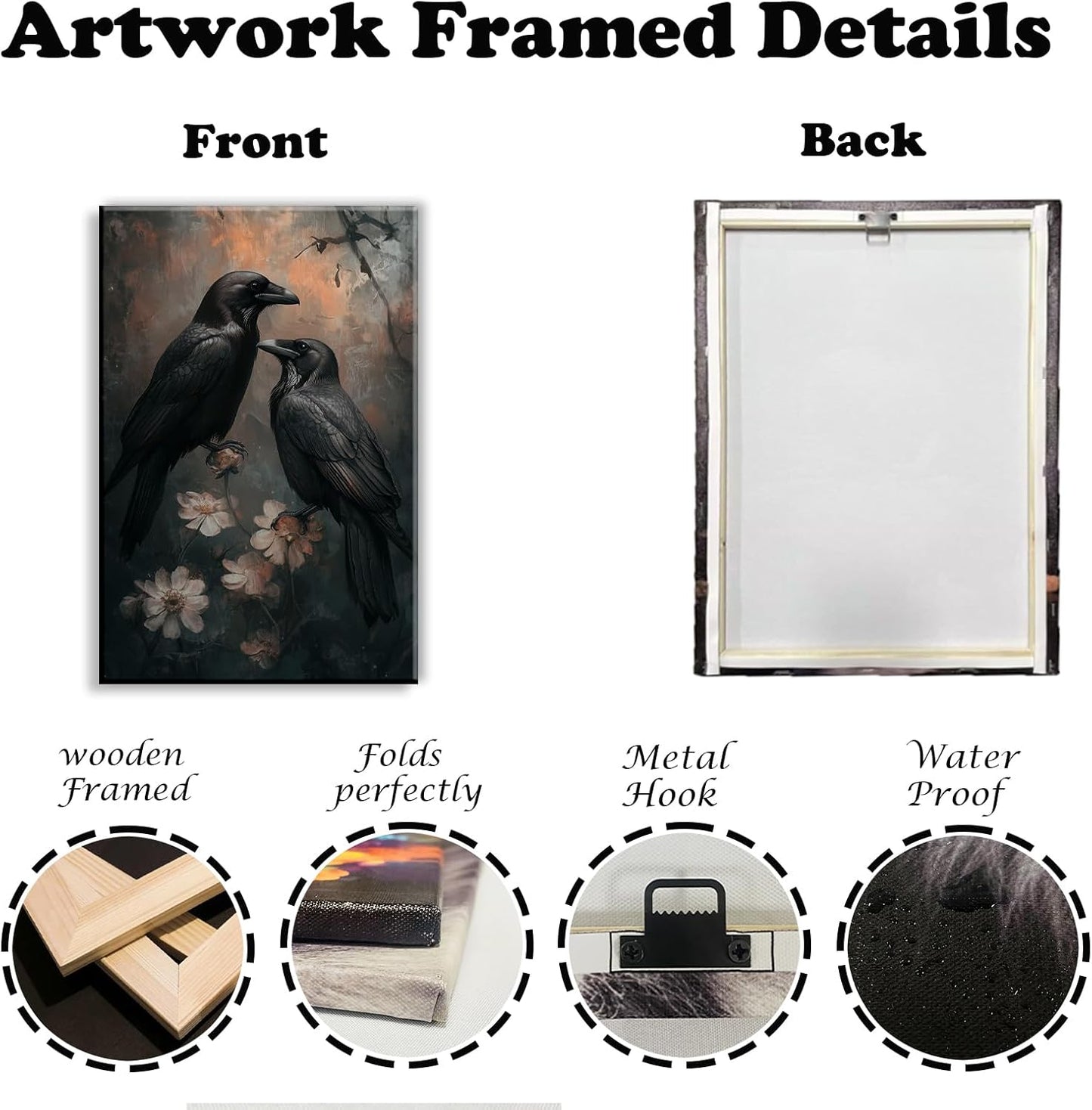 OAAPITI Birds Canvas Wall Art Black Couple Crow Picture Print Vintage Gothic Raven Artwork for Living Room Halloween Home Wall Decor(Artwork-7,28"x42")