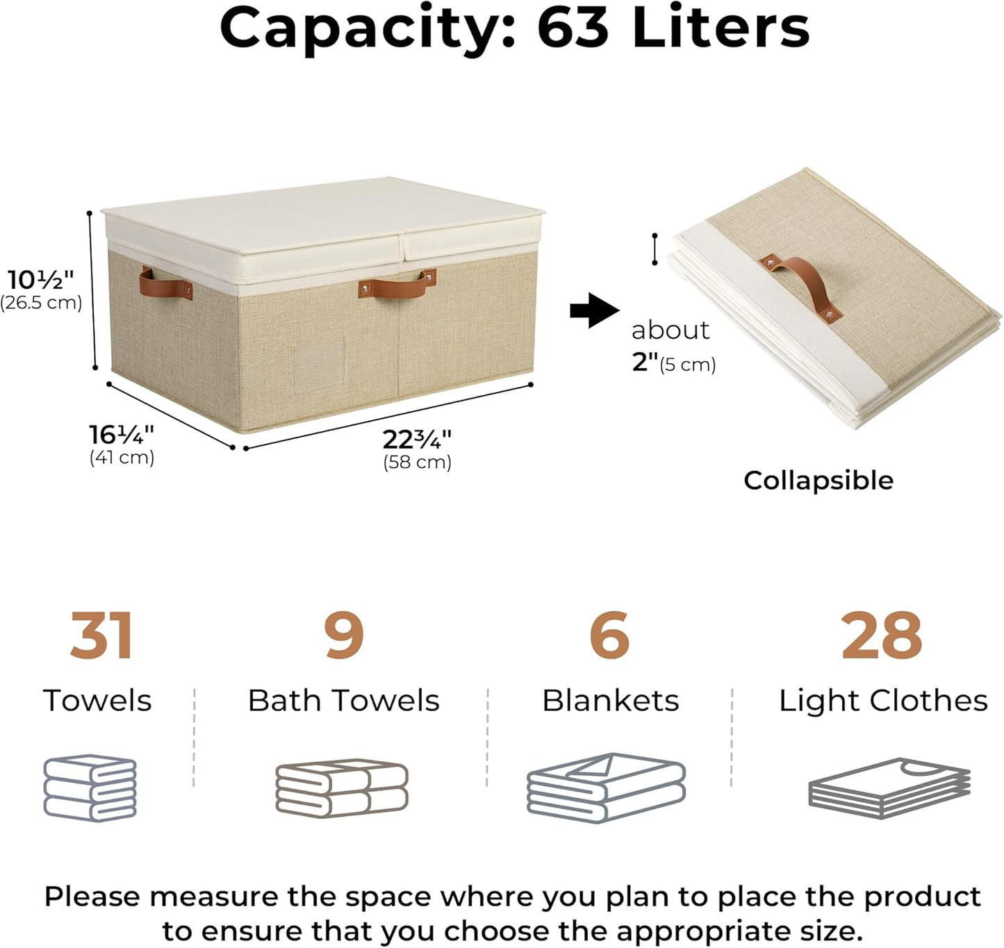 GRANNY SAYS Decorative Storage Boxes with Lid, Large Storage Bins with Double-Open Lid and Divider, Fabric Storage Bin for Clothes, 63L Closet Linen Storage Bin, White/Khaki