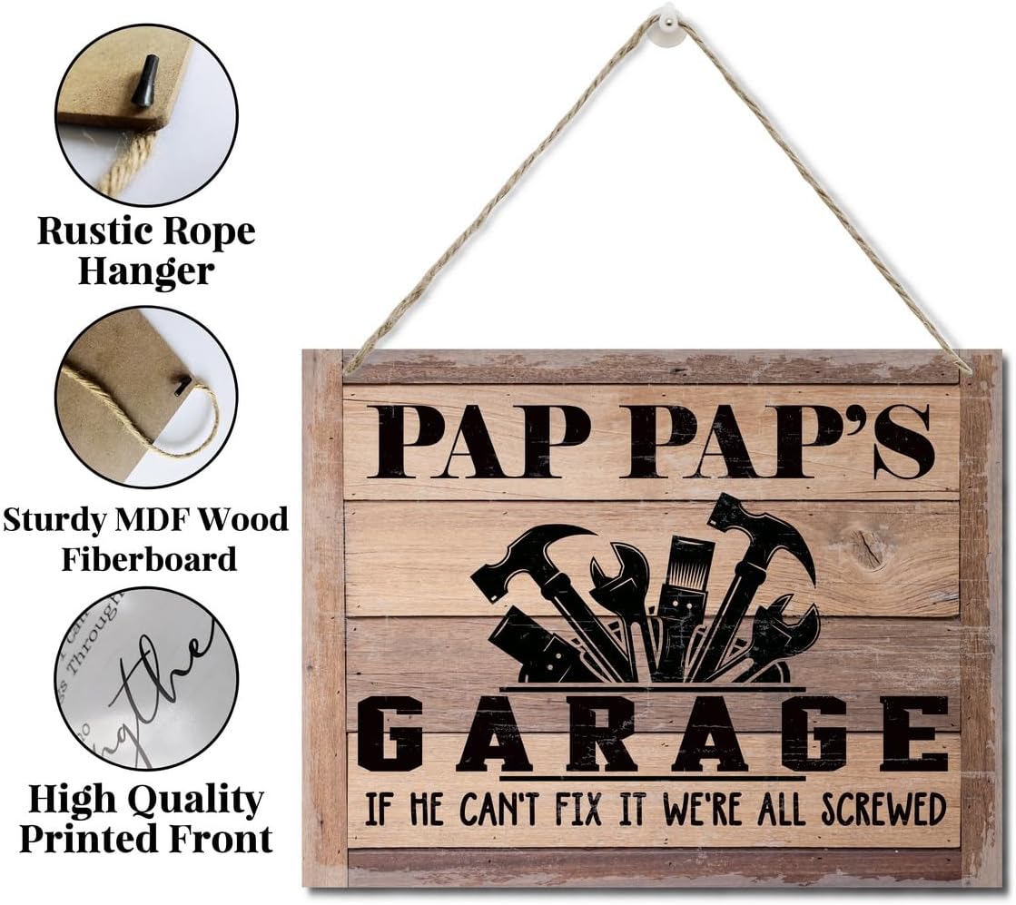 Rustic Sign, Father's Day Gift, Dad's Gift, Grandpa's Gift, Decor Hanging Wood Signs, Printed Wood Wall Art Sign, Pap Pap's Garage, If He Can't Fix It We're All Screwed, Vintage Sign Gift for Grandpa