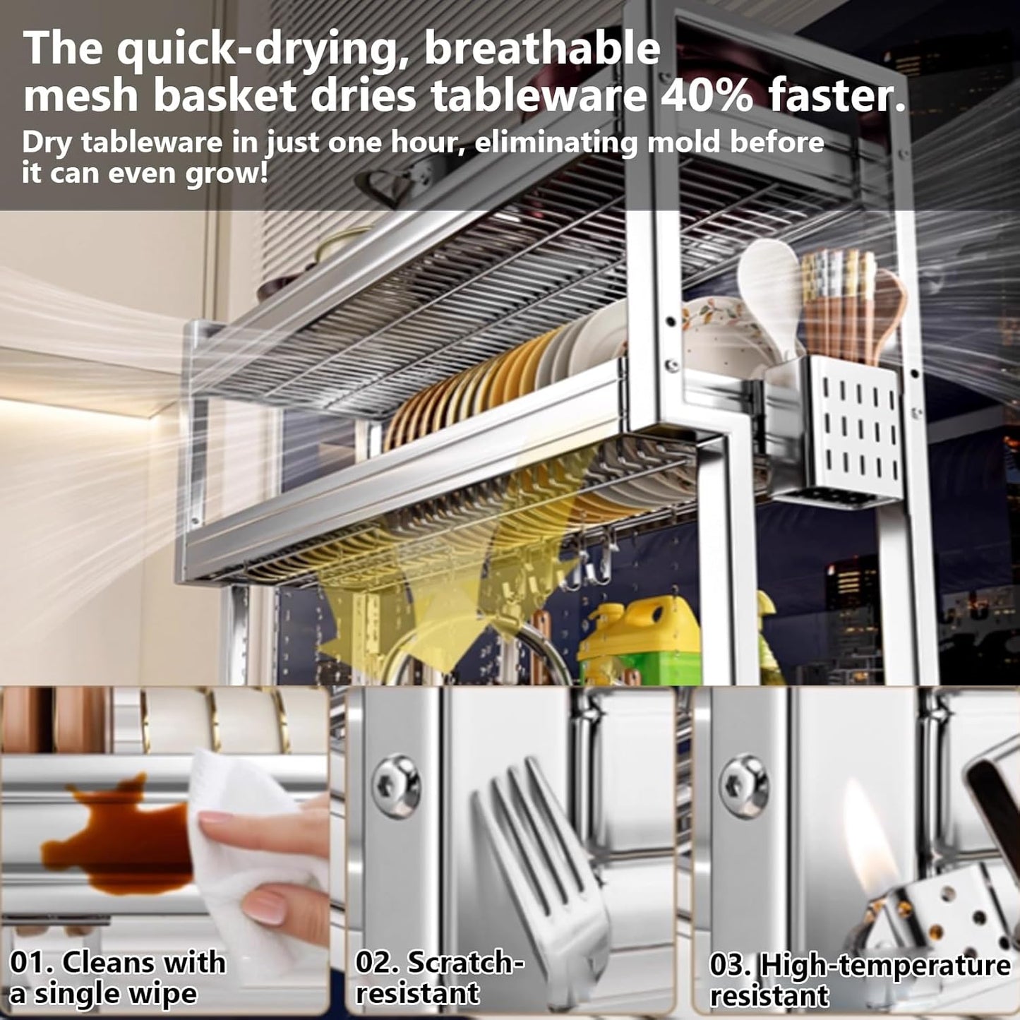 Kitchen Sink Rack Sink Above The Dish Drain Dish Washing Rack Stainless Steel Multifunctional Dish Storage Rack,Over The Sink Drying Rack for Dishes(1,65cm/25.6in)