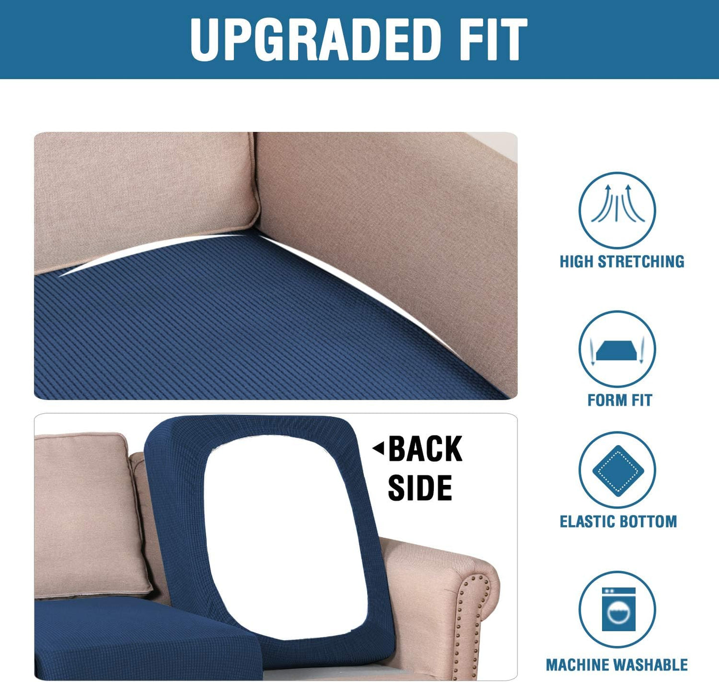 H.VERSAILTEX Super Stretch Individual Seat Sofa Covers Slipcover Sets Thick Jacquard Textured Twill Fabric (2 Piece Medium Sofa Cushion Covers, Navy)