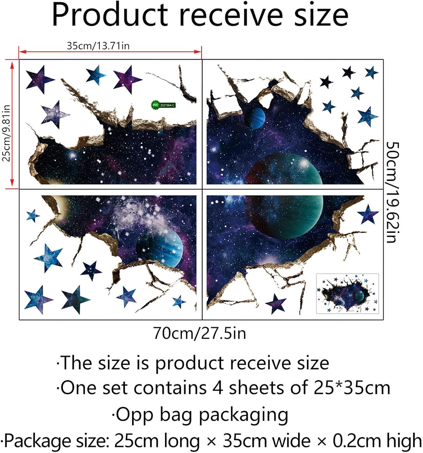 3D Space Galaxy Wall Decor Stickers, Removable Broken Outer Space Planet Waterproof Vinyl Floor Decals, 3D Art Magic Wall Mural Decals for Bedroom Living Room Home Wall Decor