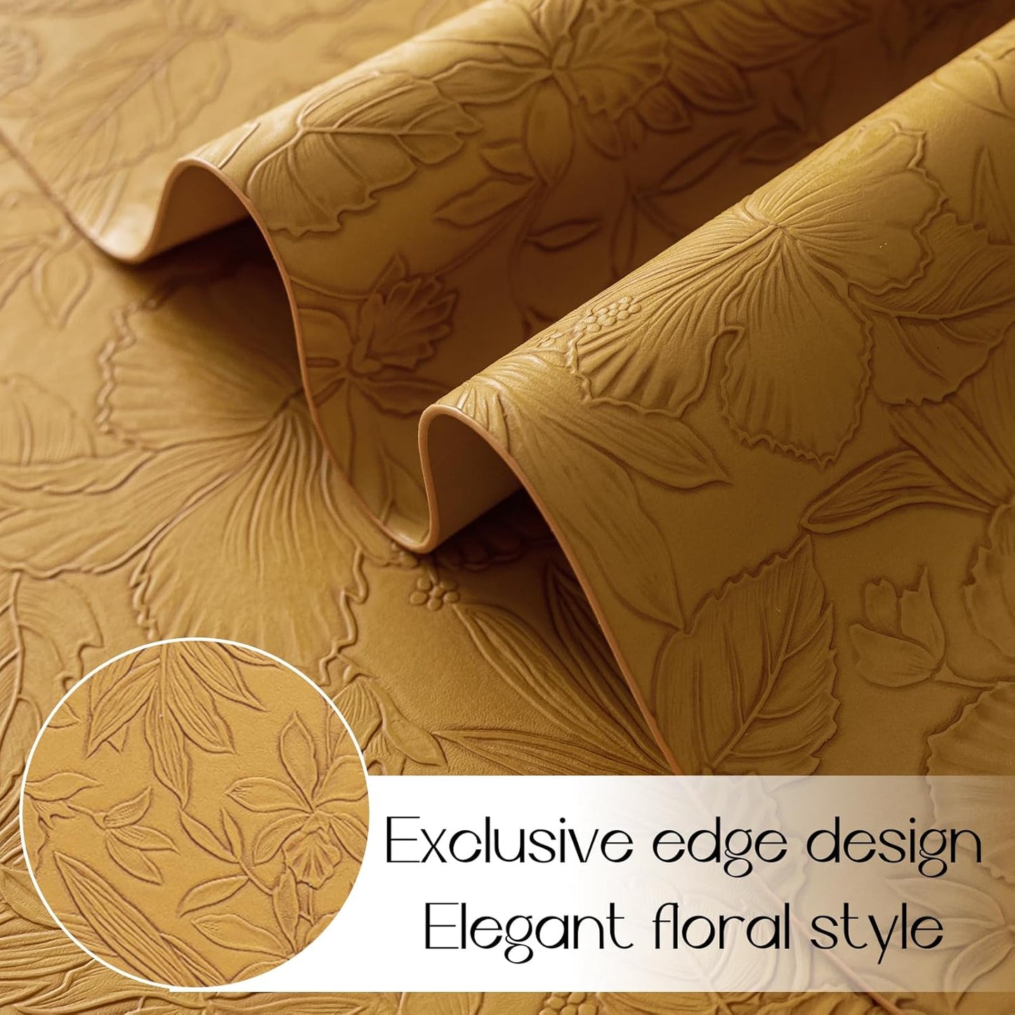 Romanstile Vinyl Placemats Set of 6-12 X 18 Inch - Heat Resistant Non-Slip Embossed Floral Place Mats 100% Waterproof Oilproof Wipeable Faux Leather Table Mats for Kitchen/Dining/Party, Gold