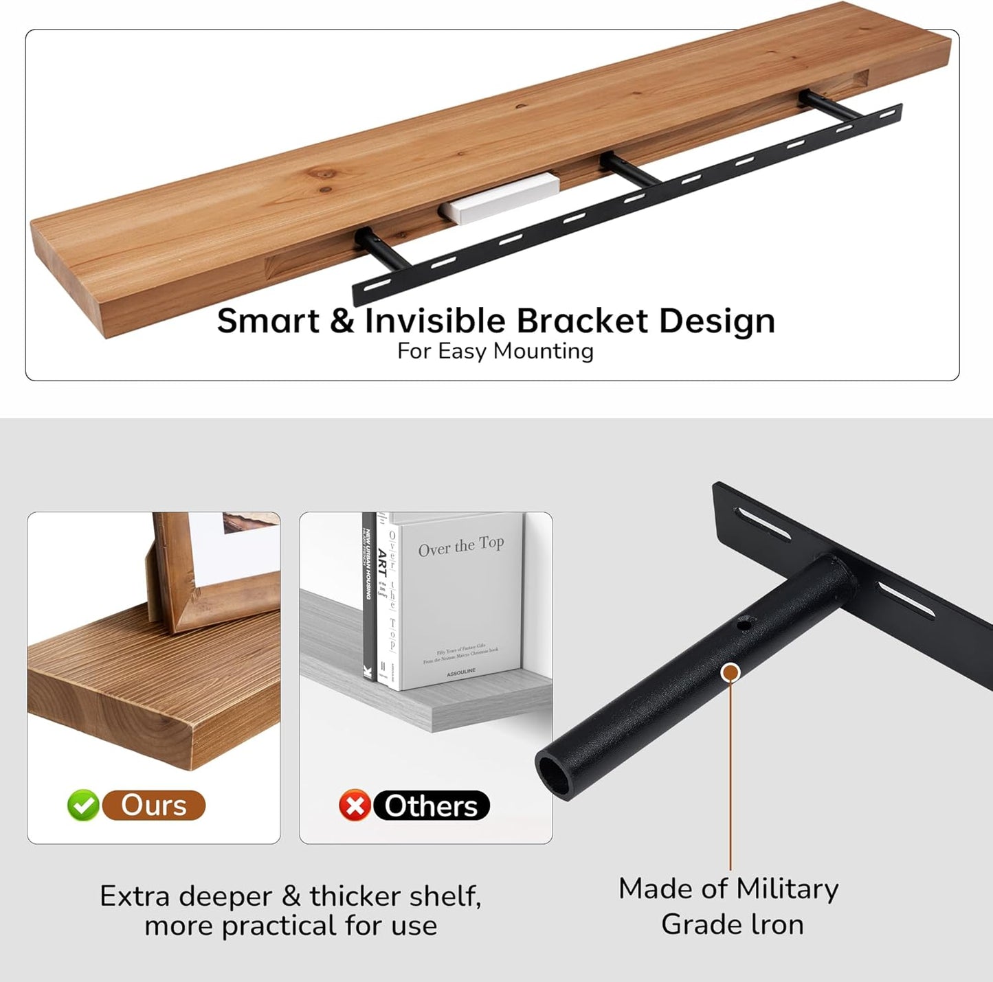 Floating Shelves for Wall, USA-Sourced Fir Wood 48 Inch Wall Shelves Set of 1, Natural Rustic Solid Wooden Floating Shelves Wall Mounted, Nursery Book Storage Shelf, Display Shelf for Bathroom