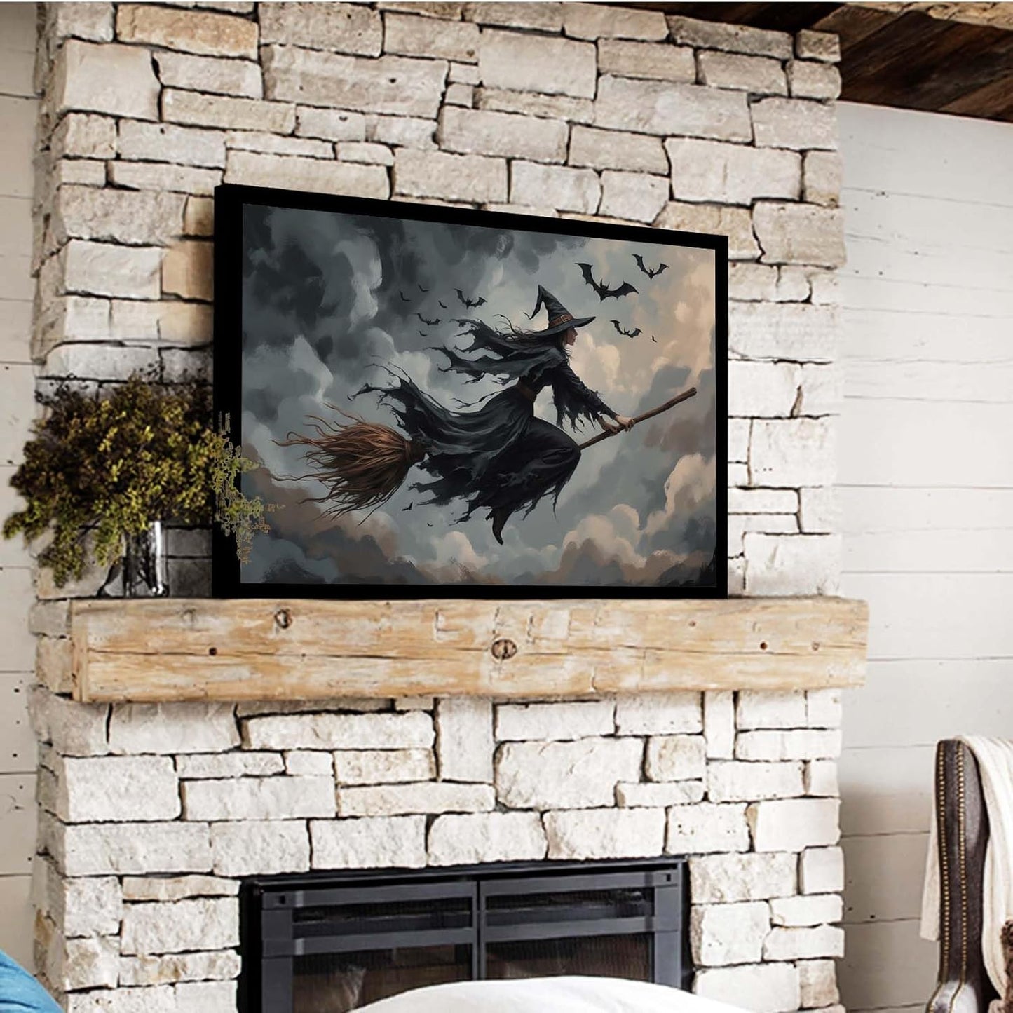 JFHCQJPK Witch and bat flying Halloween poster suitable for home party wall decoration retro Halloween preppy style wall art canvas print suitable for room decoration8x12in Metal blackFramed