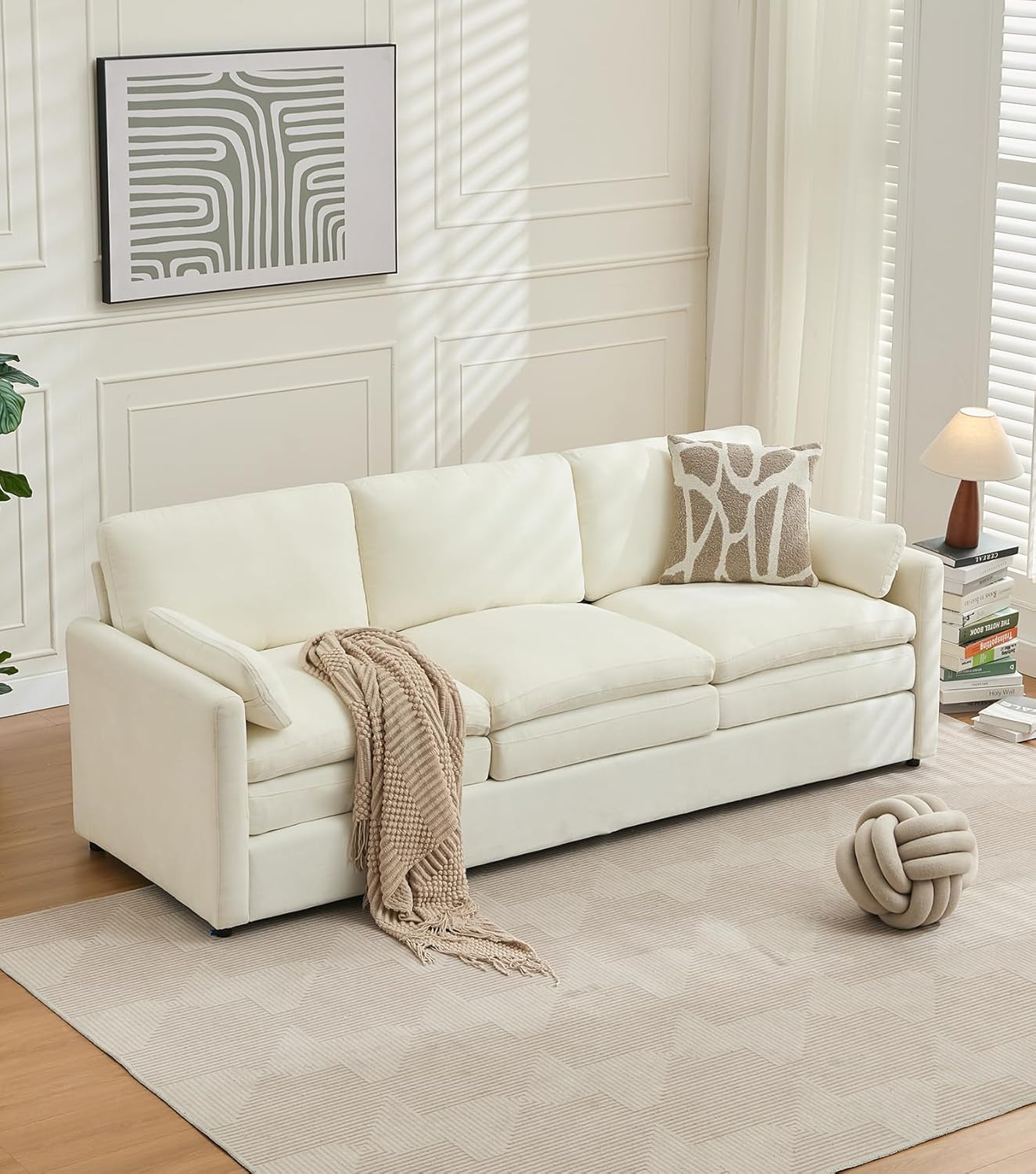 Tbfit Modern Couch Sofa, 89" Cloud Couch w/Pillows, Pocketed Spring Seat, Comfy 3-Seater Plush Foam Cushions, Chenille Fabric Removable Covers, Soft Upholstered Living Room Furniture Apartment, Beige