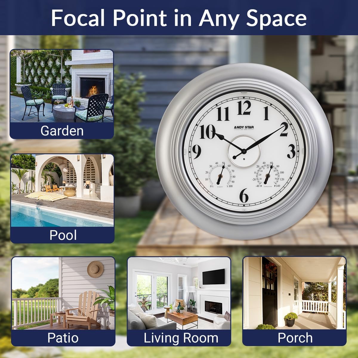 Andy Star 21 Inch Silver Illuminated Outdoor Wall Clock Waterproof with Thermometer and Hygrometer, Oversized Battery Operated Round Wall Clock, Big Silent Non Ticking Clock for Patio Pool Garden