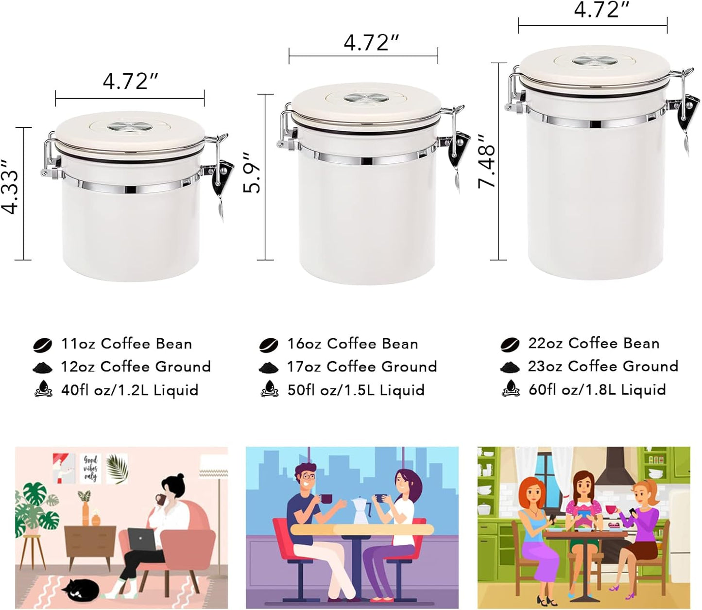 ShanSon Coffee Canister Airtight Coffee Container Stainless Steel Coffee Bean Storage Container with CO2 Release Valve and Scoop Coffee Canister for Beans,Grounds,Sugar,Flour,Tea,Cereal,16OZ,Off-White