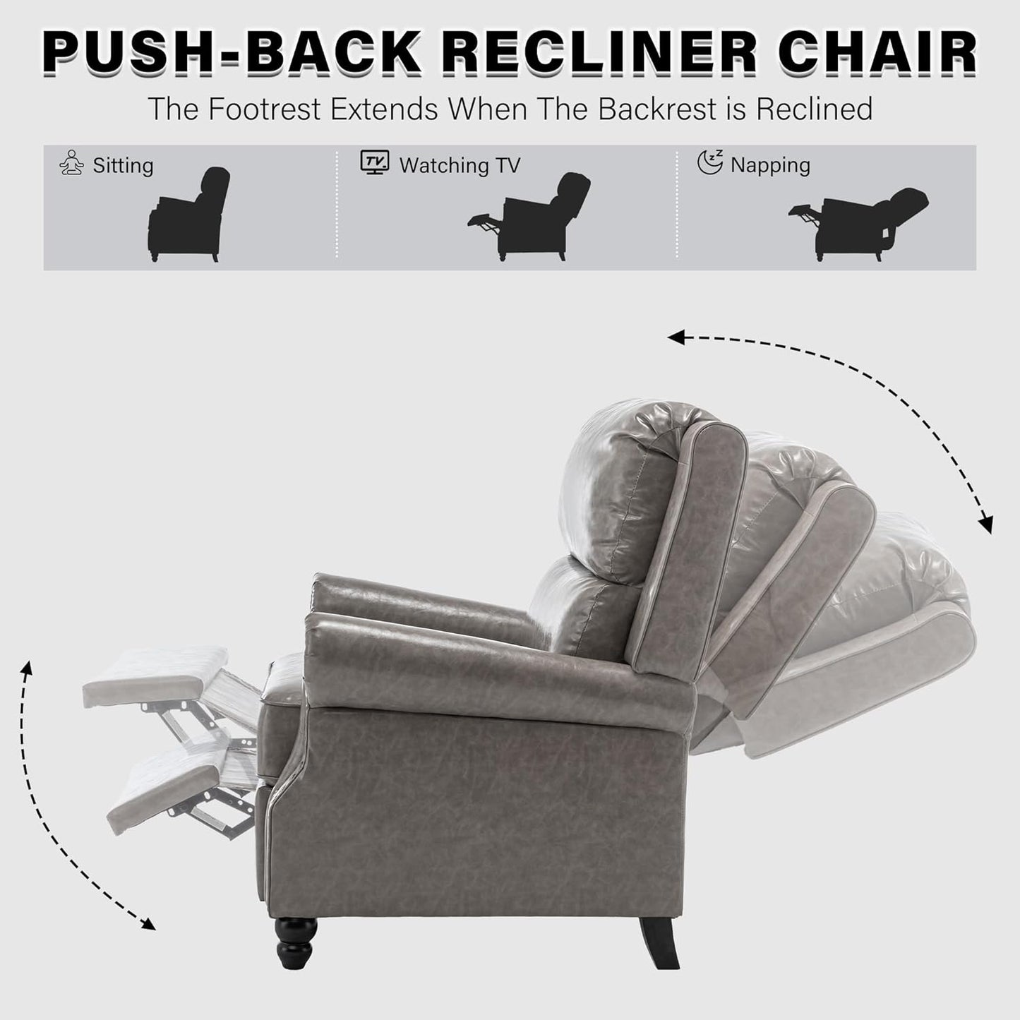 UIXE Pushback Recliner Chair, Faux Leather Armchair Push Back Accent Chair, Rivet Trim Club Chair Home Theater Overstuffed Single Sofa Reading Seat for Living Room, Gray