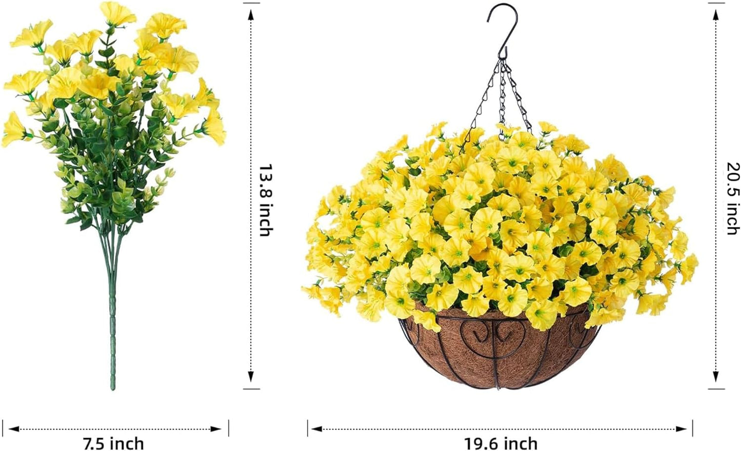 Artificial Fall Flowers Fake Hanging Plants Flowers Basket for Outdoors Autumn Decoration, Yellow Silk Morning Glory with Eucalyptus Look Real UV Resistant Faux Flowers for Outside Porch Patio Balcony