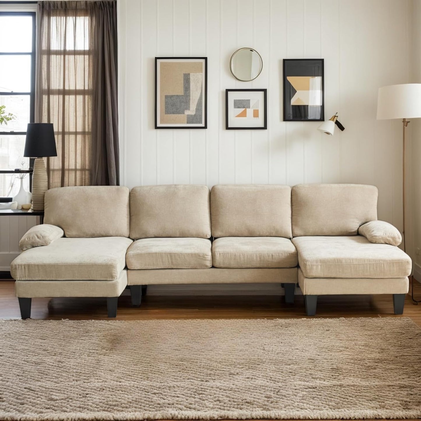 Karl home U-Shape Sectional Sofa Couch 111" Modern 4-Seat Sofa with Chaises Chenille Fabric Upholstered Covertible Couch with Wood Grain Legs for Living Room, Reception Room, Apartment, Khaki