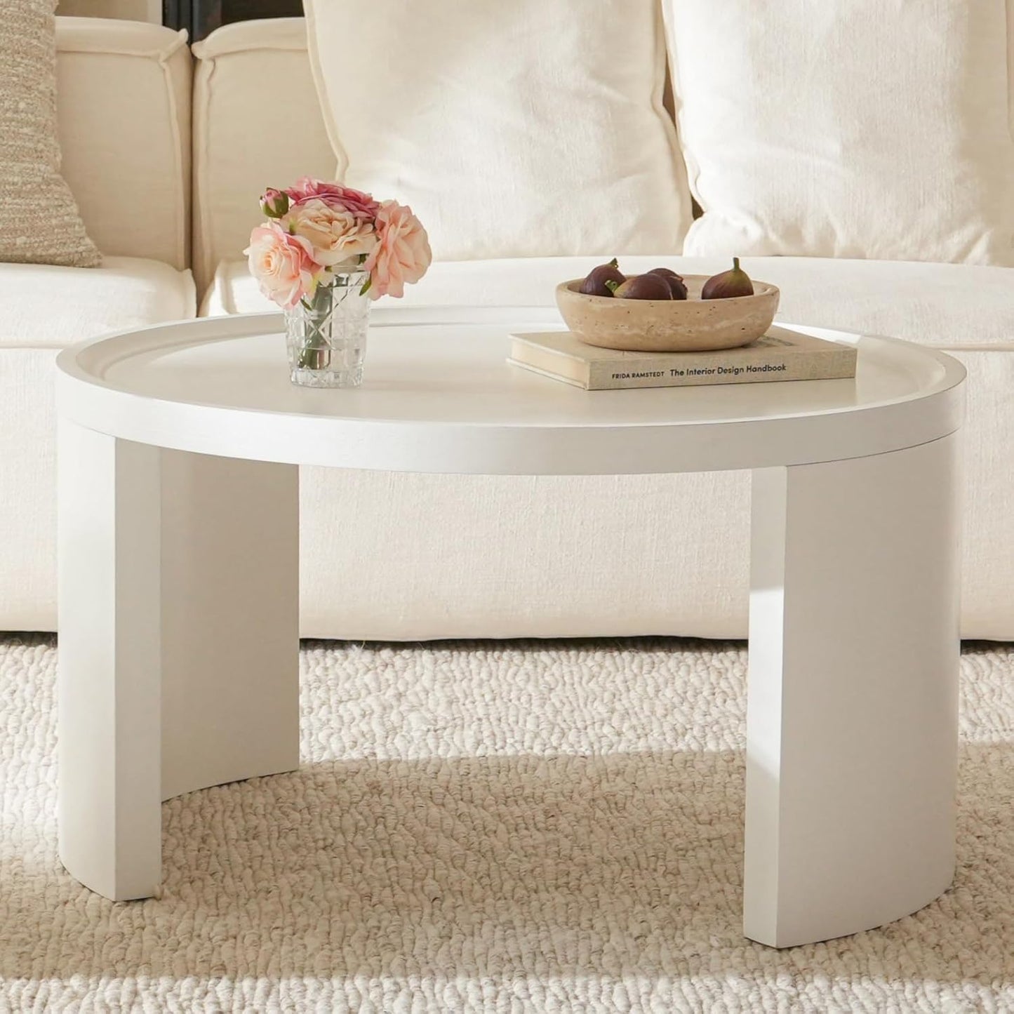 Round Nesting Coffee Table Set of 2,31.5" Large & 18" Small Low Tables with Wood Look Top,Space-Saving Side Tables for Living Room,Bedroom,Office,Minimalist Center Table Set (White, L+S)