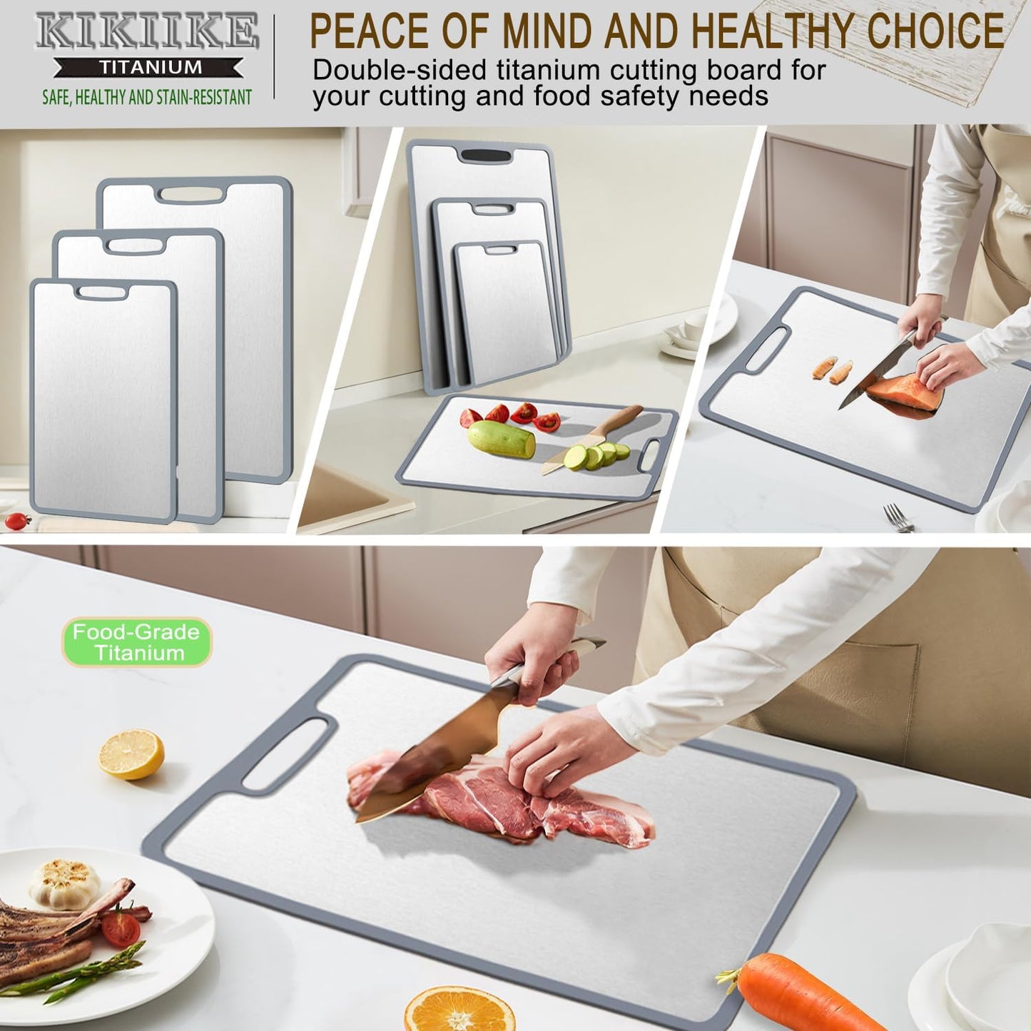 Titanium Cutting Board Double-sided non-slip silicone edging Pure Titanium Cutting Boards for Kitchen - Double-Sided Food-Grade Chopping Board Non-Stick Durable and easy to clean (3-Piece S/M/L)